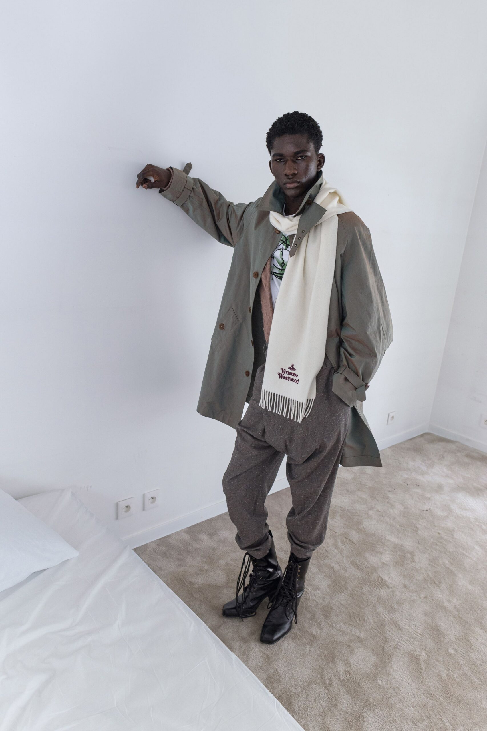 gray coat with white sweater
