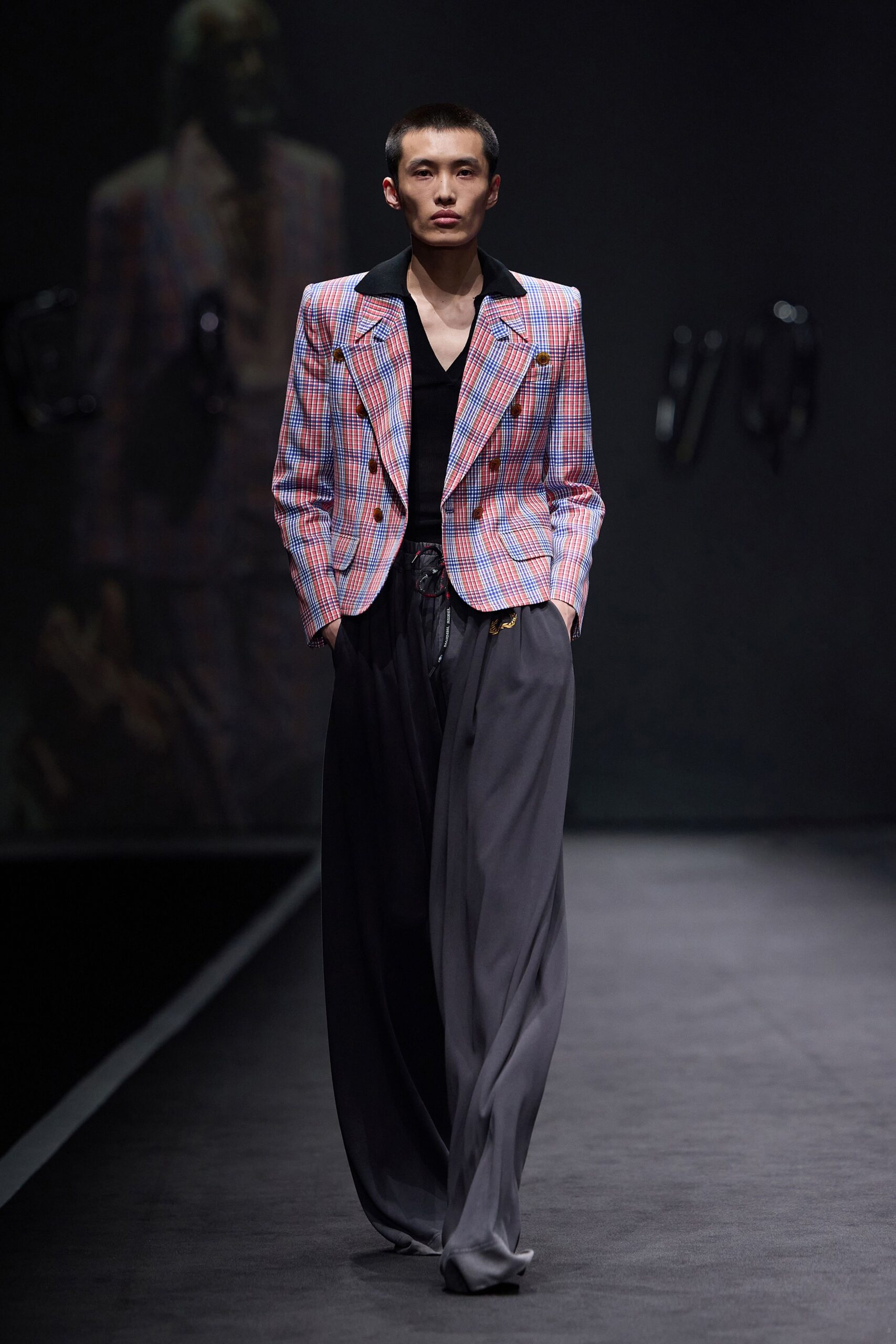 pink cotton long-sleeve collared structured checked blazer