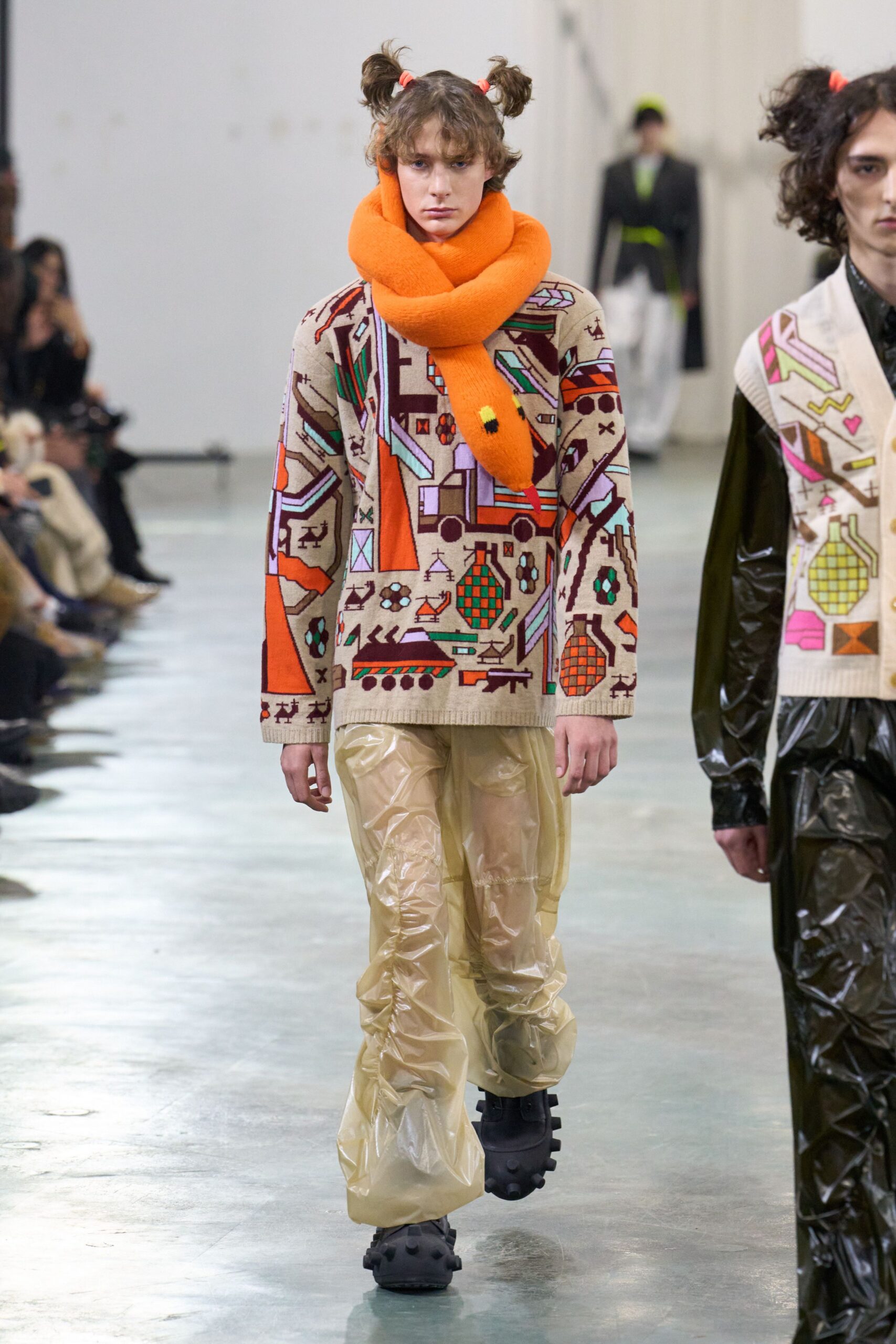 beige embroidered sweater with orange scarf