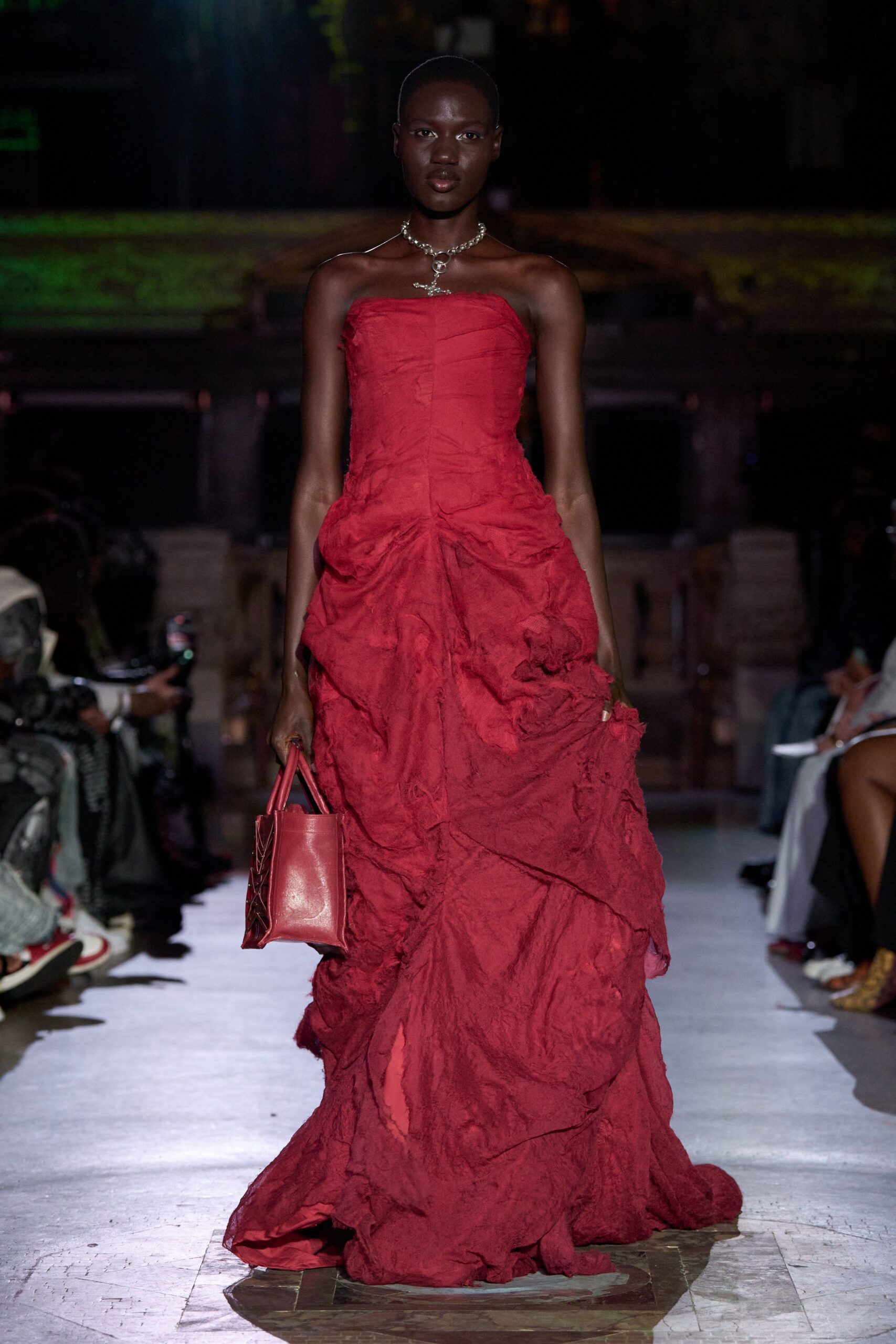 red silk strapless fitted ruffled layered maxi gown