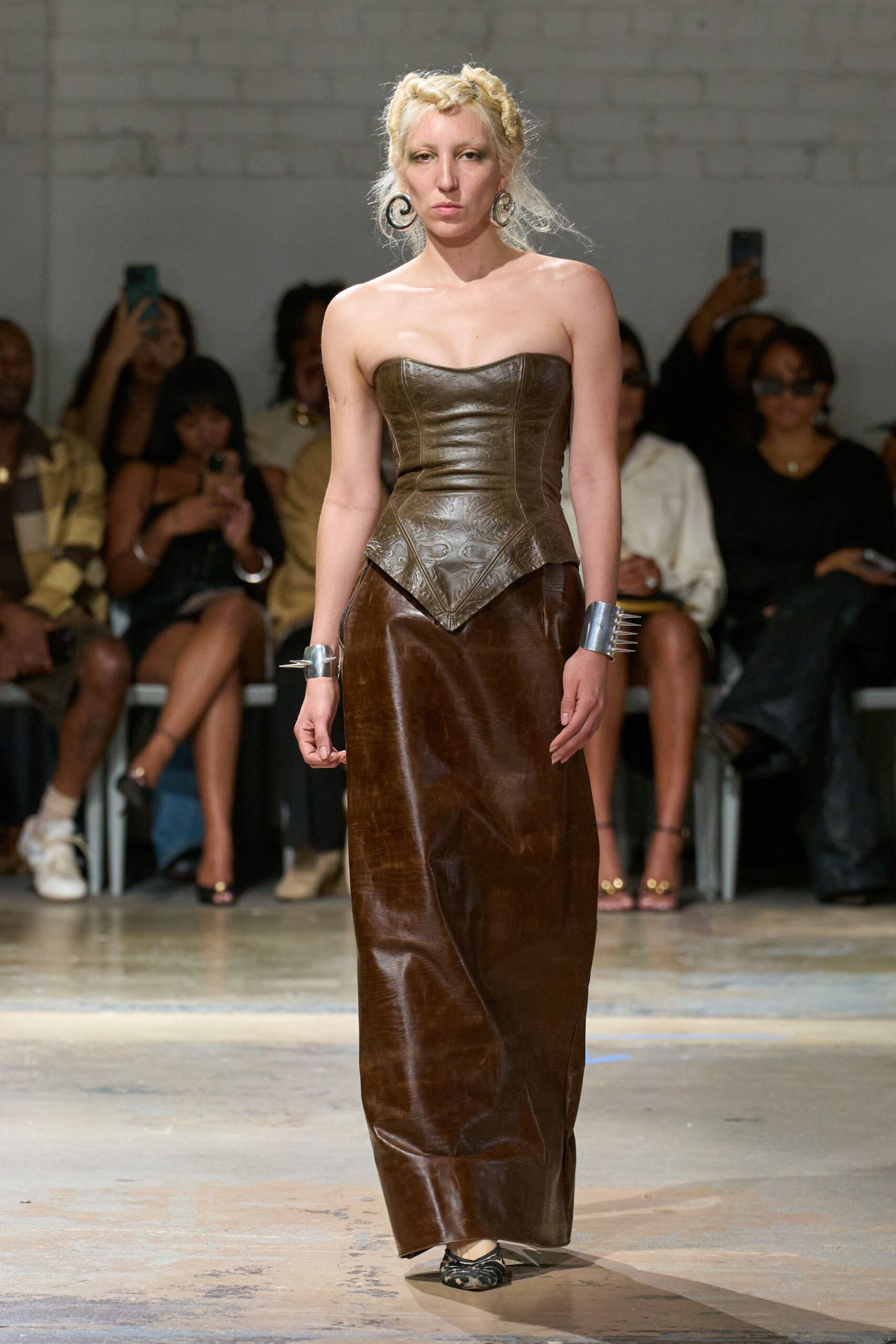 brown leather fitted straight-leg maxi skirt