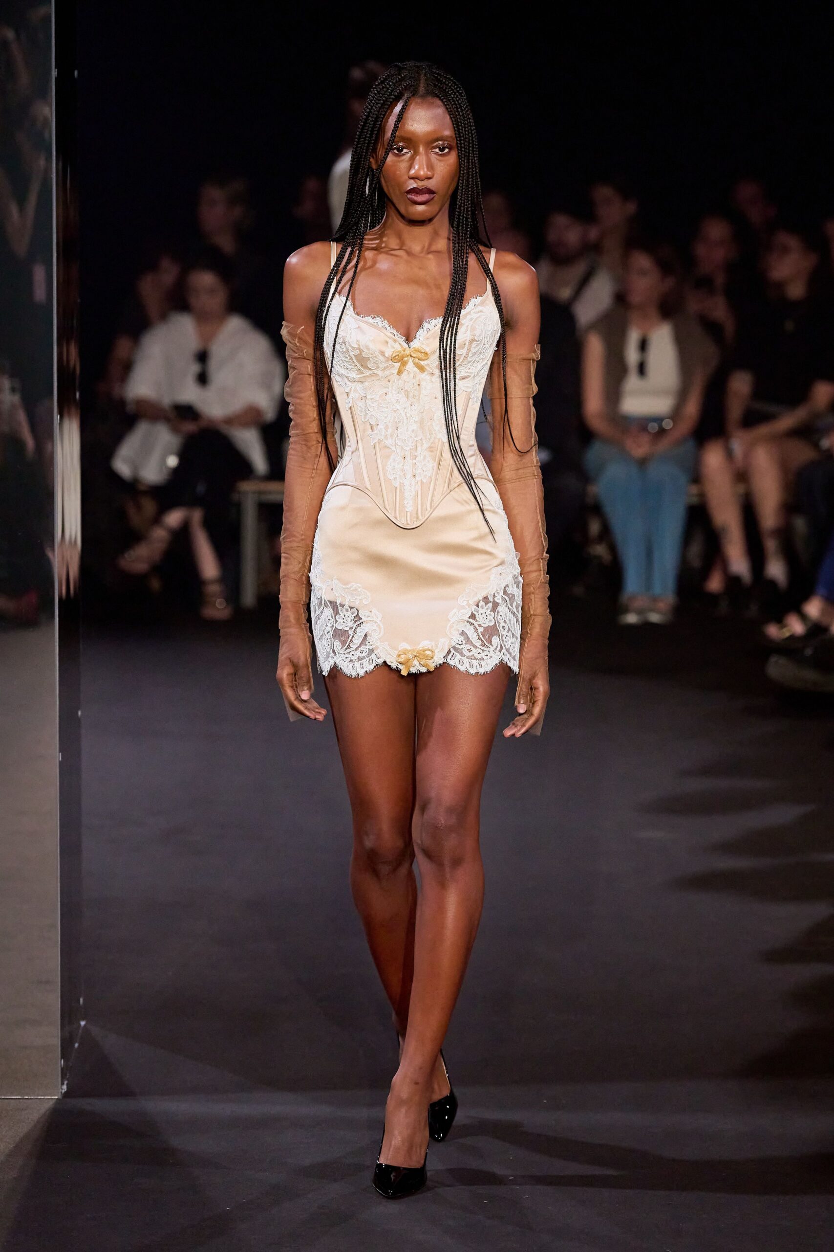 beige silk sleeveless v-neck fitted embroidered ruched dress
