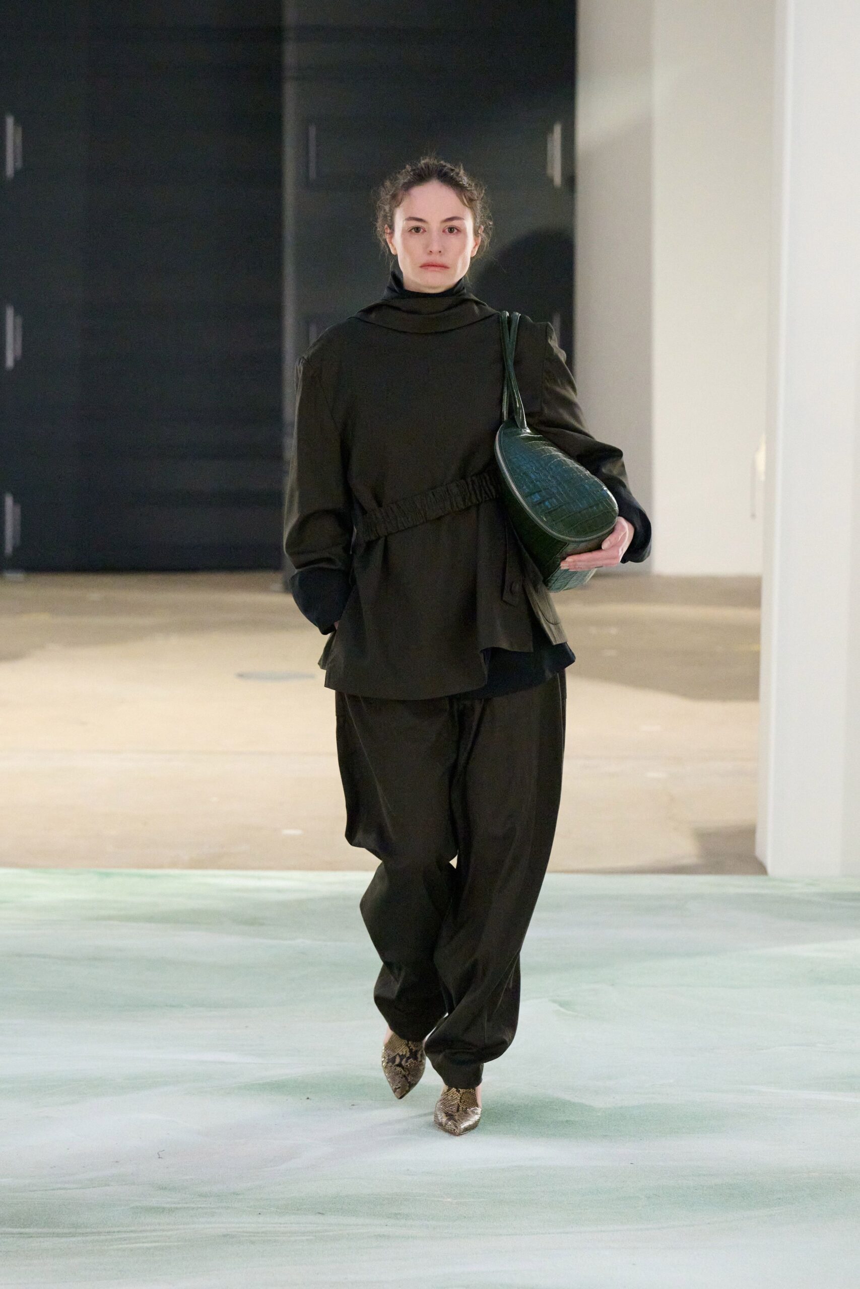 green cotton long-sleeve high-neck relaxed belted jacket