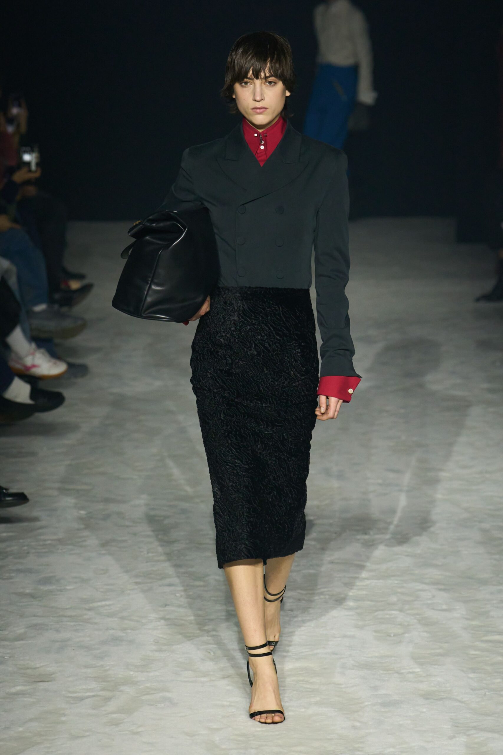 black blazer red shirt midi skirt