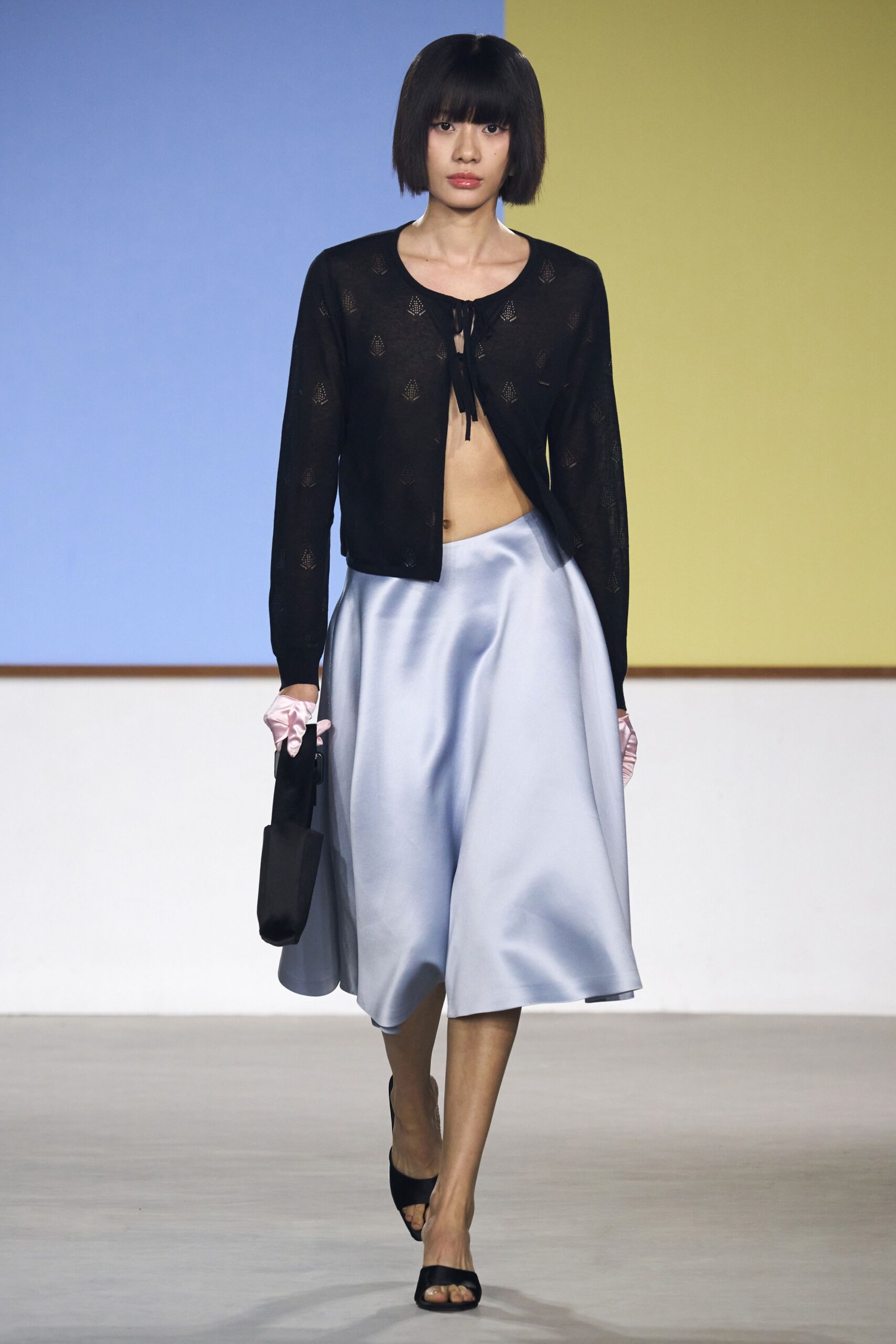 black cardigan blue midi skirt