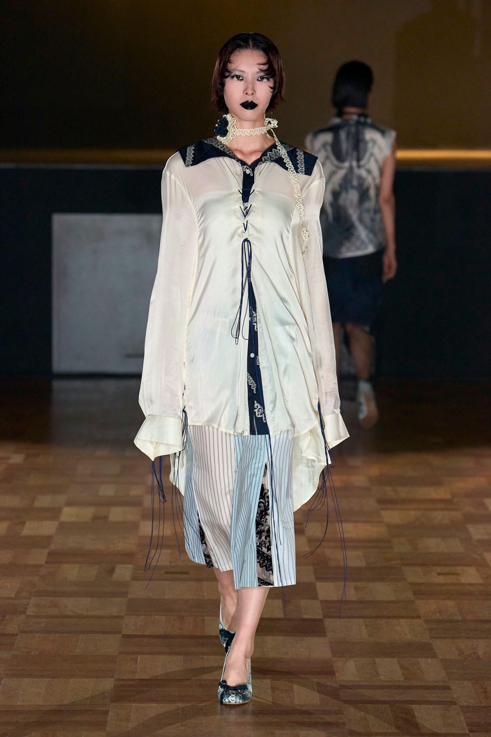 white silk long-sleeve collared relaxed layered buttoned dress