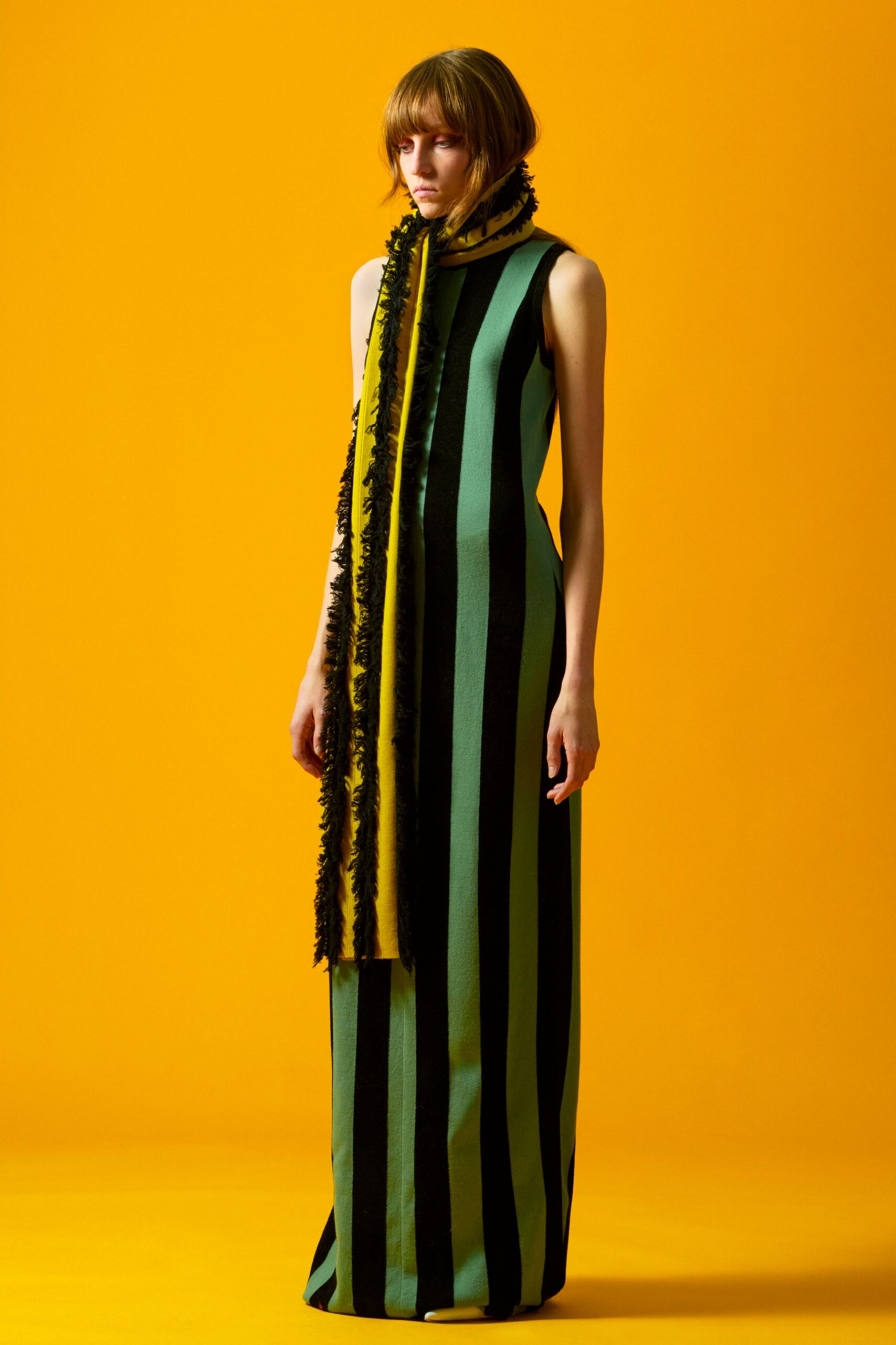 green cotton sleeveless high-neck fitted striped maxi gown