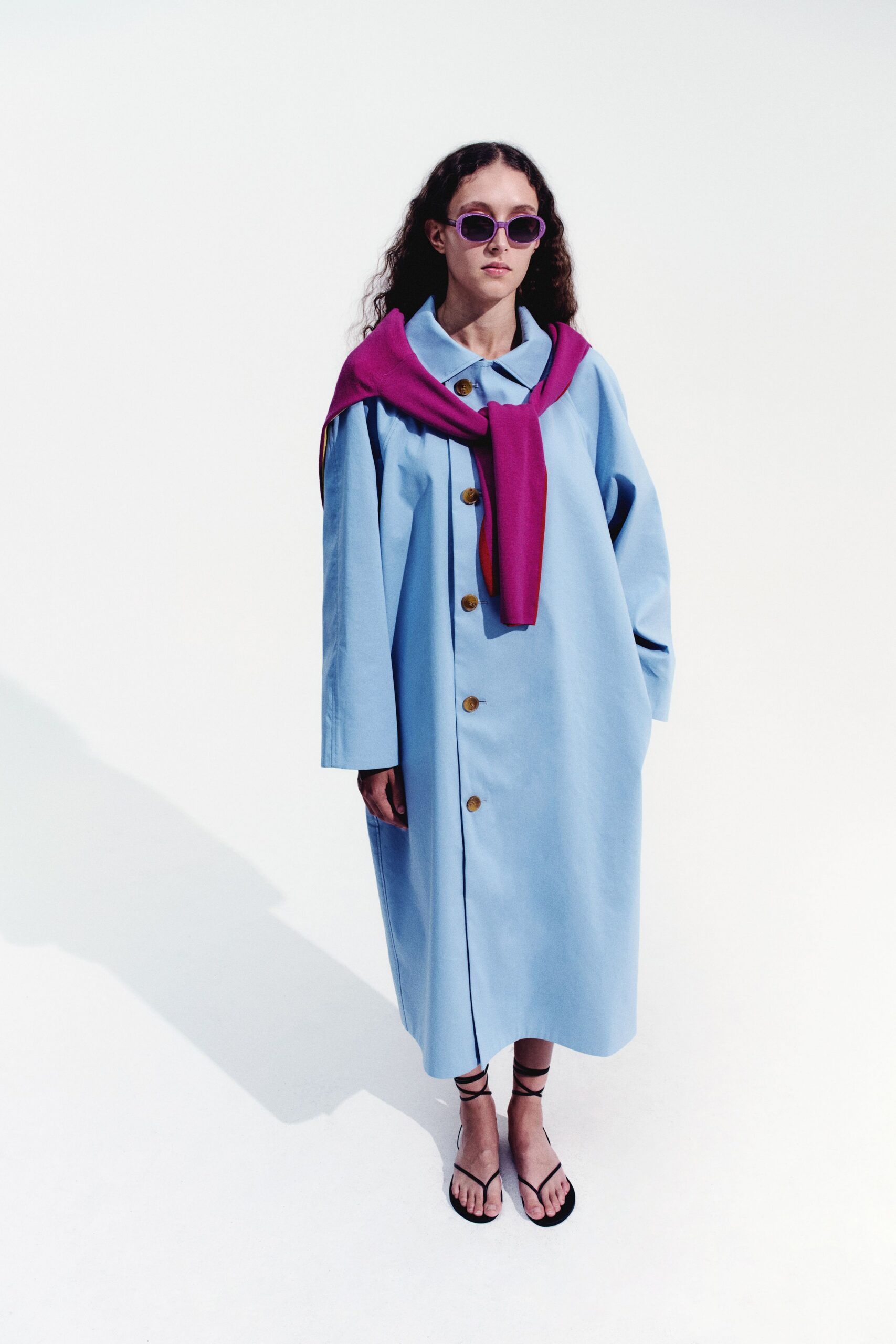 blue cotton long-sleeve collared oversized buttoned midi coat