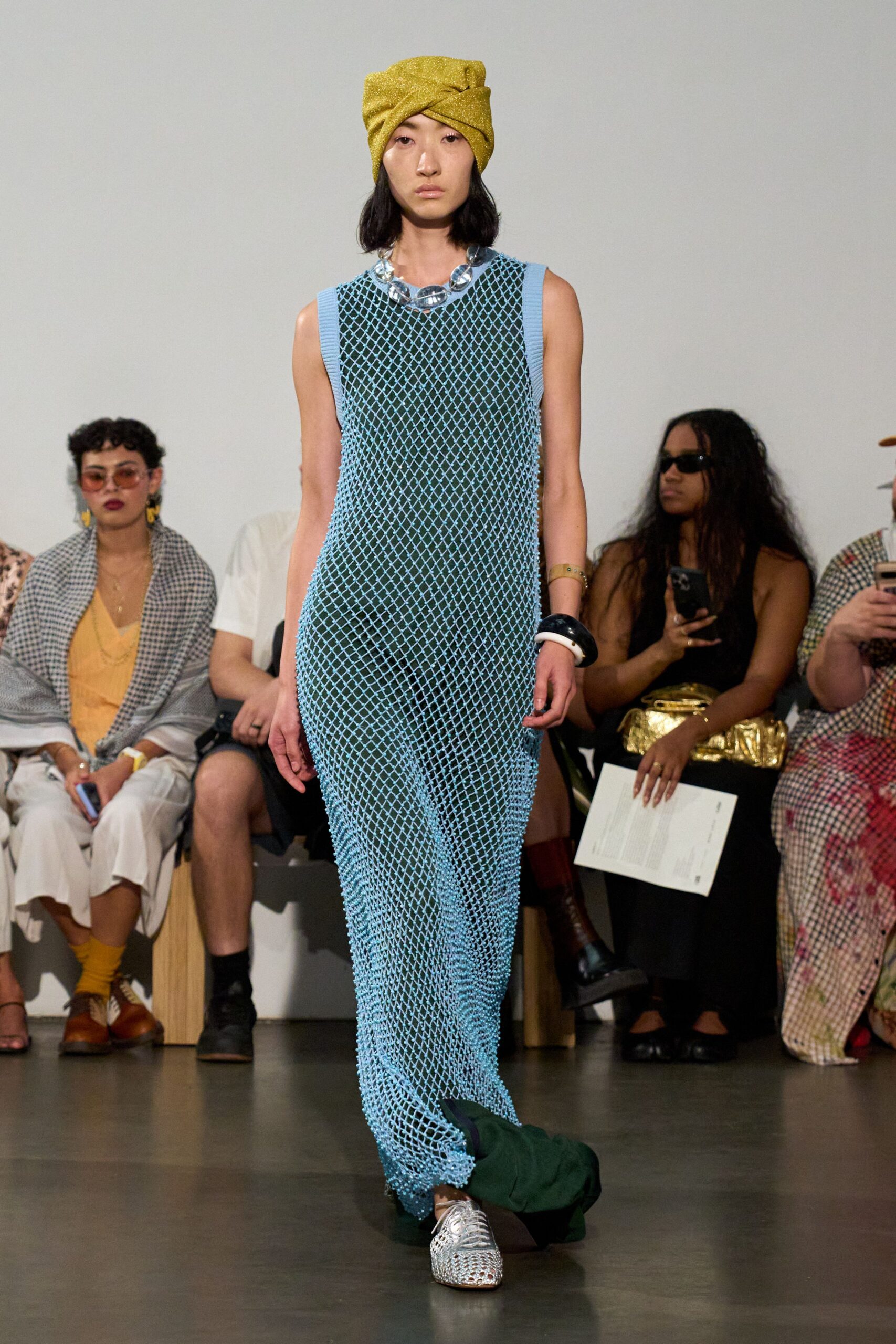blue mesh sleeveless high-neck fitted layered flowing dress