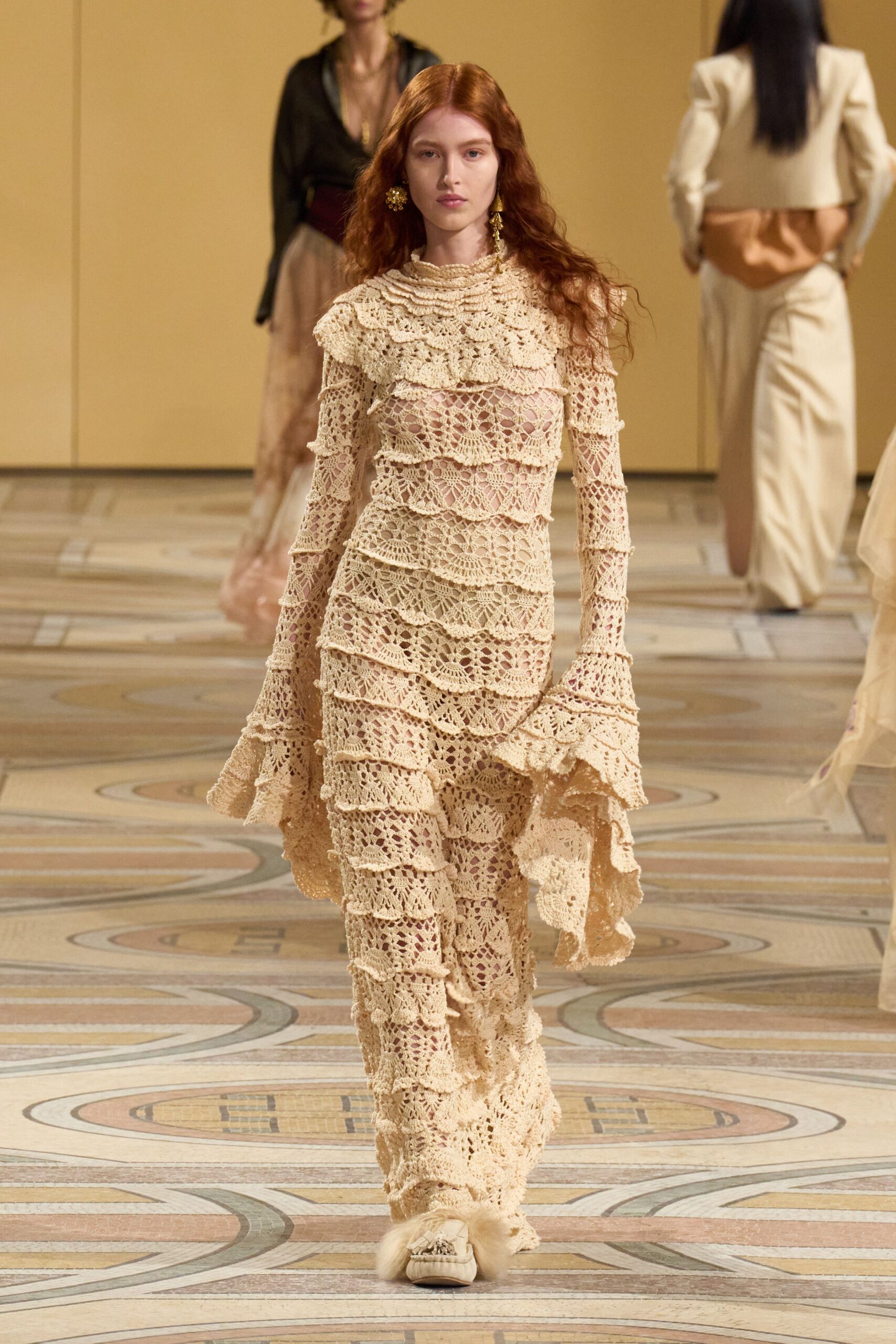 beige fitted long-sleeve crochet dress