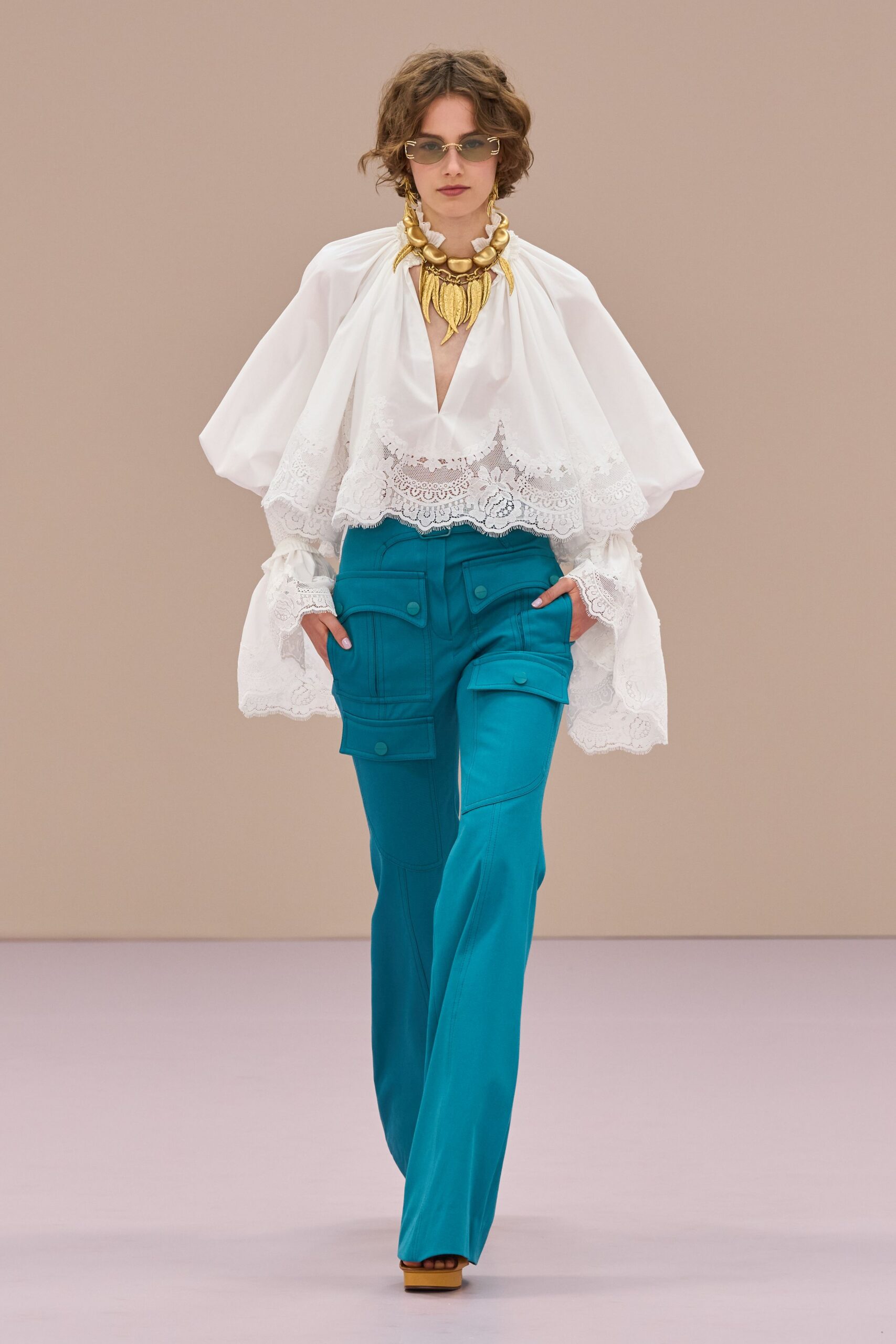 white cotton long-sleeve collared relaxed ruffled blouse