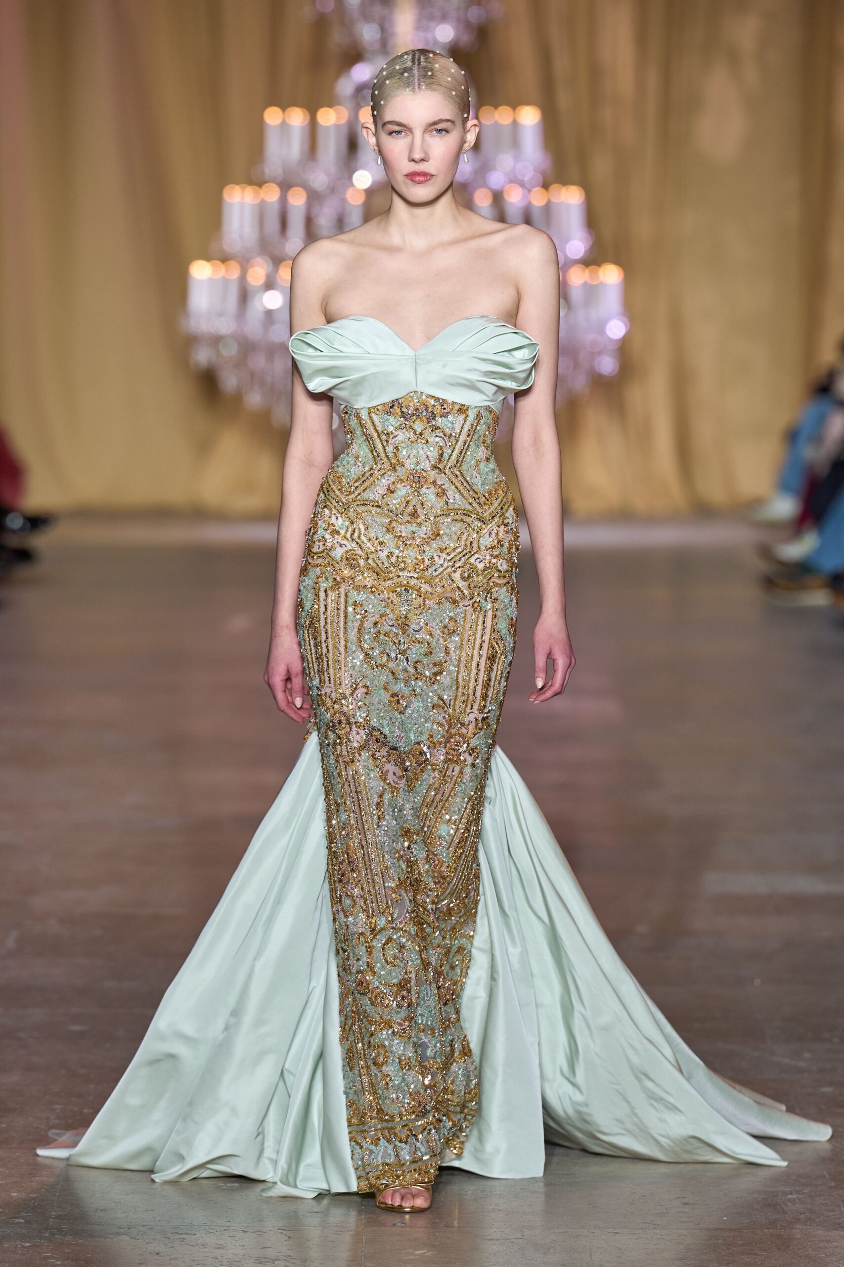 mint gold strapless gown