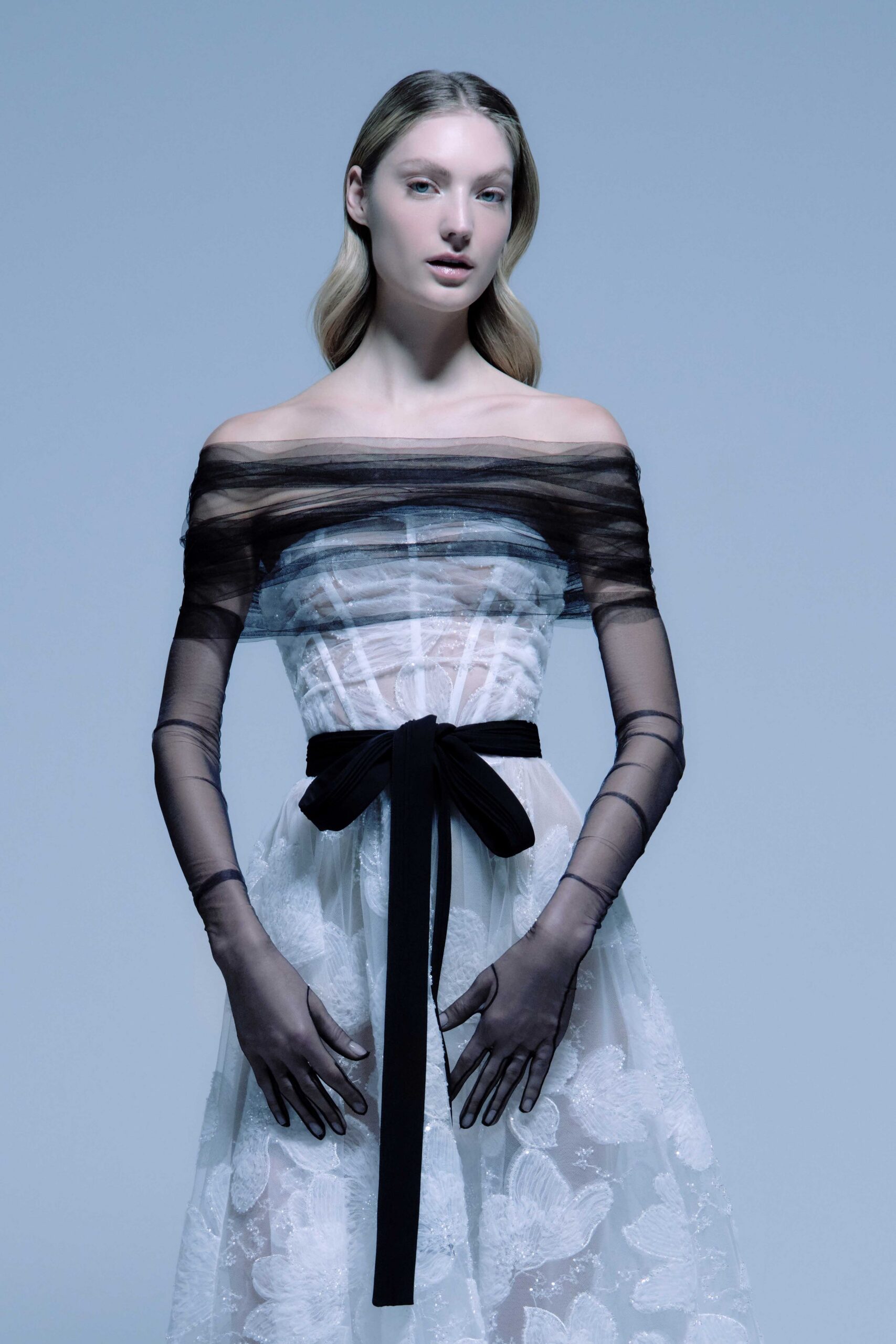 white silk off-shoulder fitted floral layered sheer dress