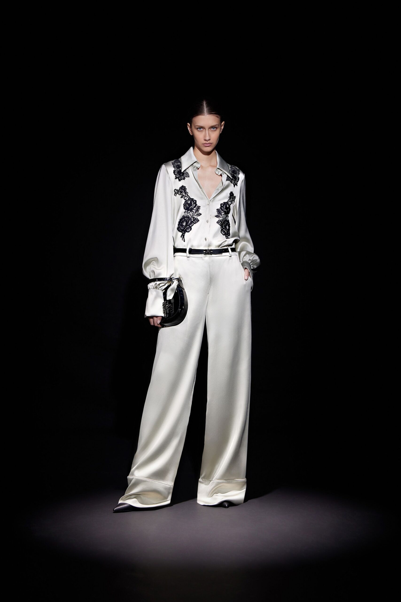 white silk shirt beige pants