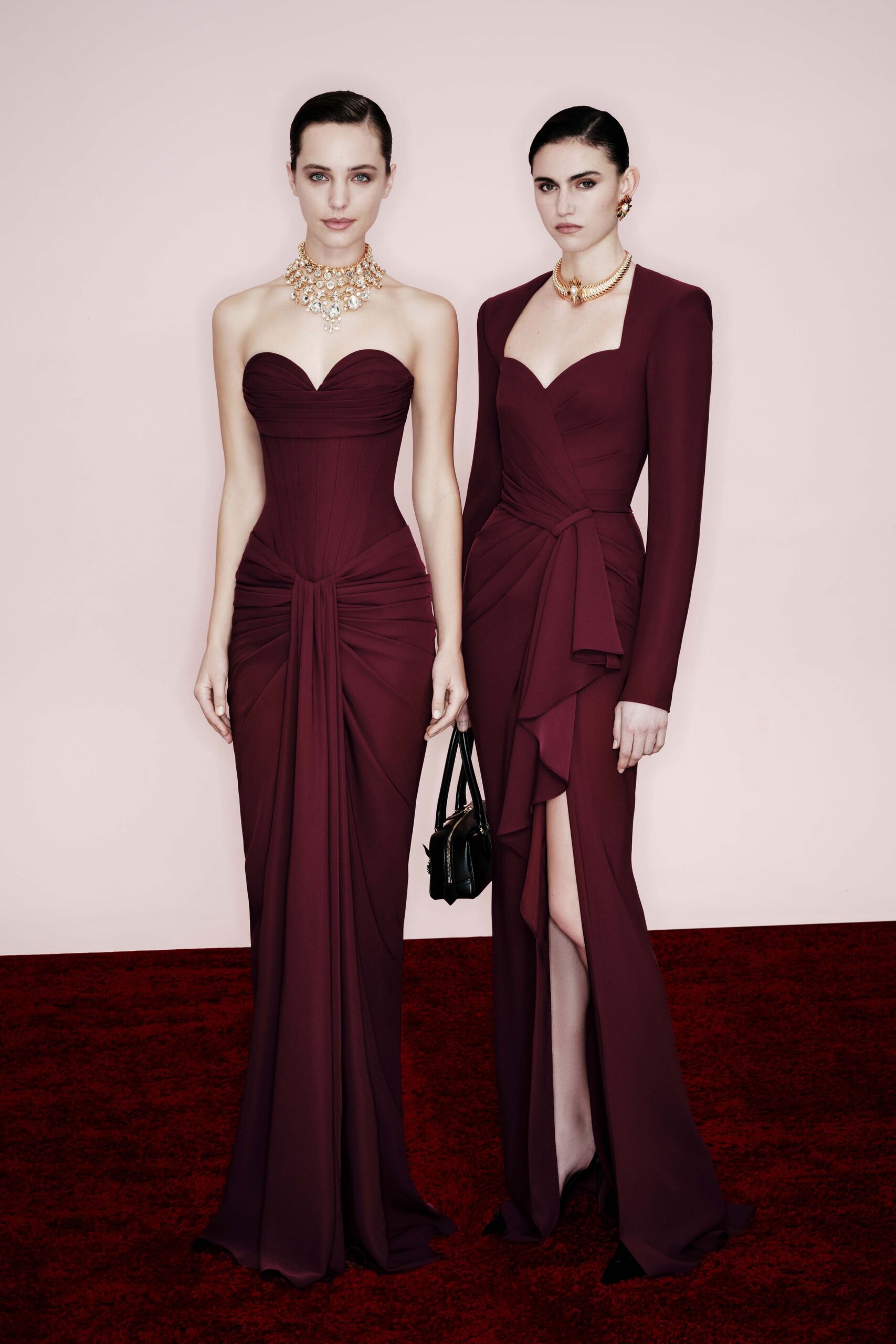 maroon silk fitted gowns