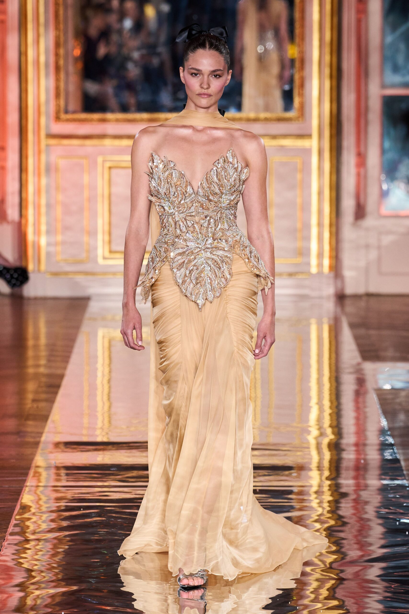 gold silk sleeveless gown