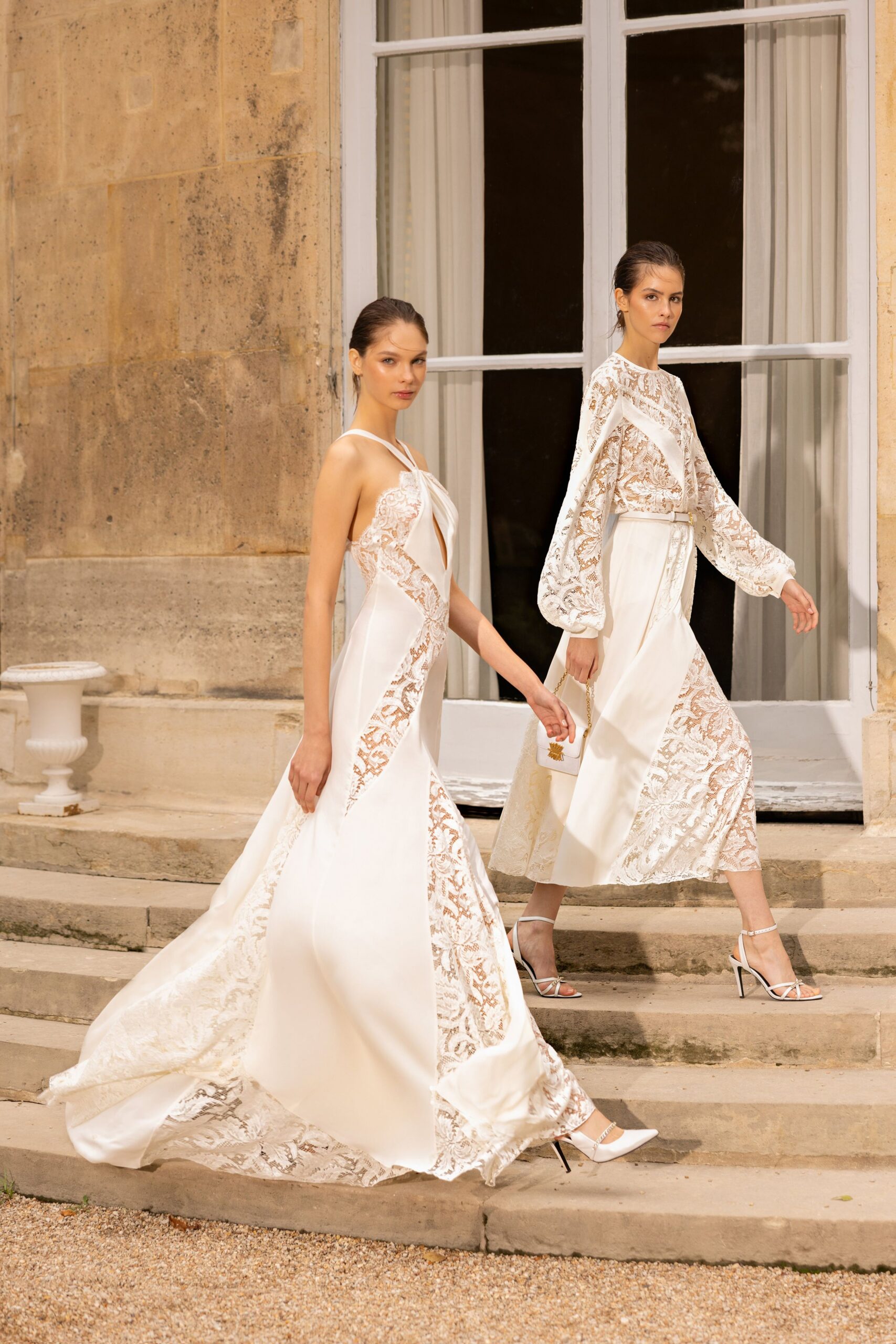 white silk long-sleeve collared fitted pleated embroidered dress
