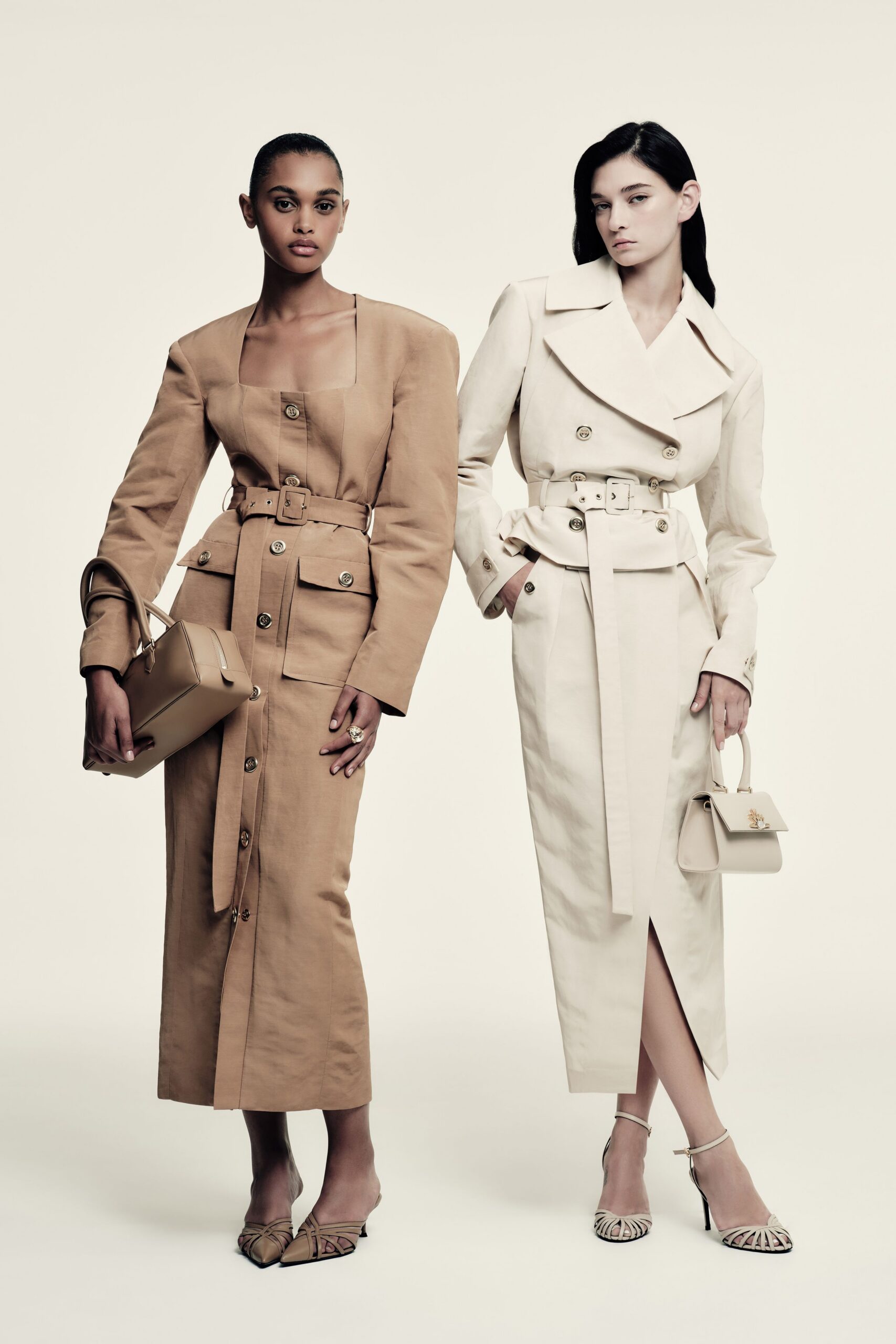 beige cotton long-sleeve collared fitted buttoned belted dress