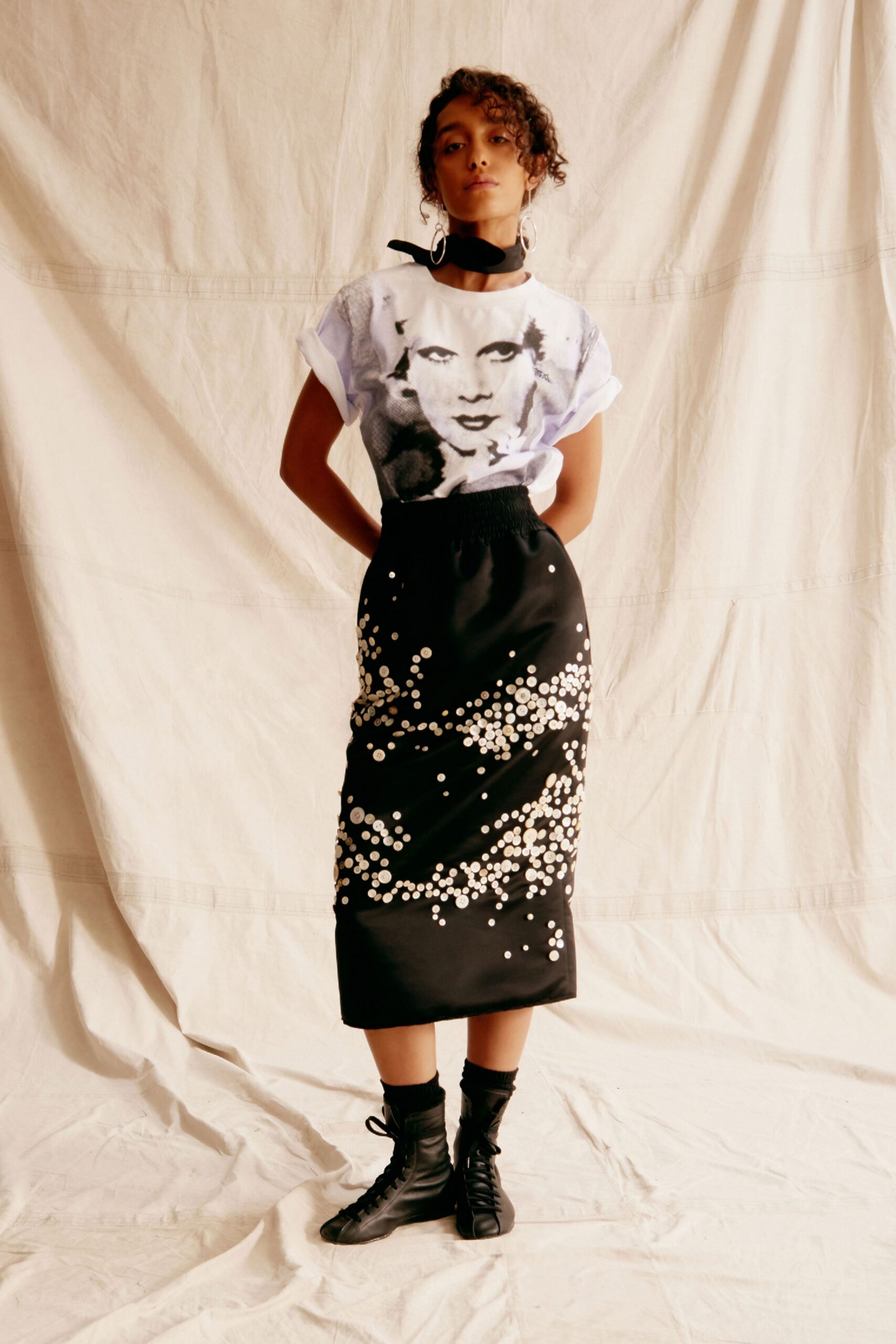 black satin fitted tiered embellished midi skirt