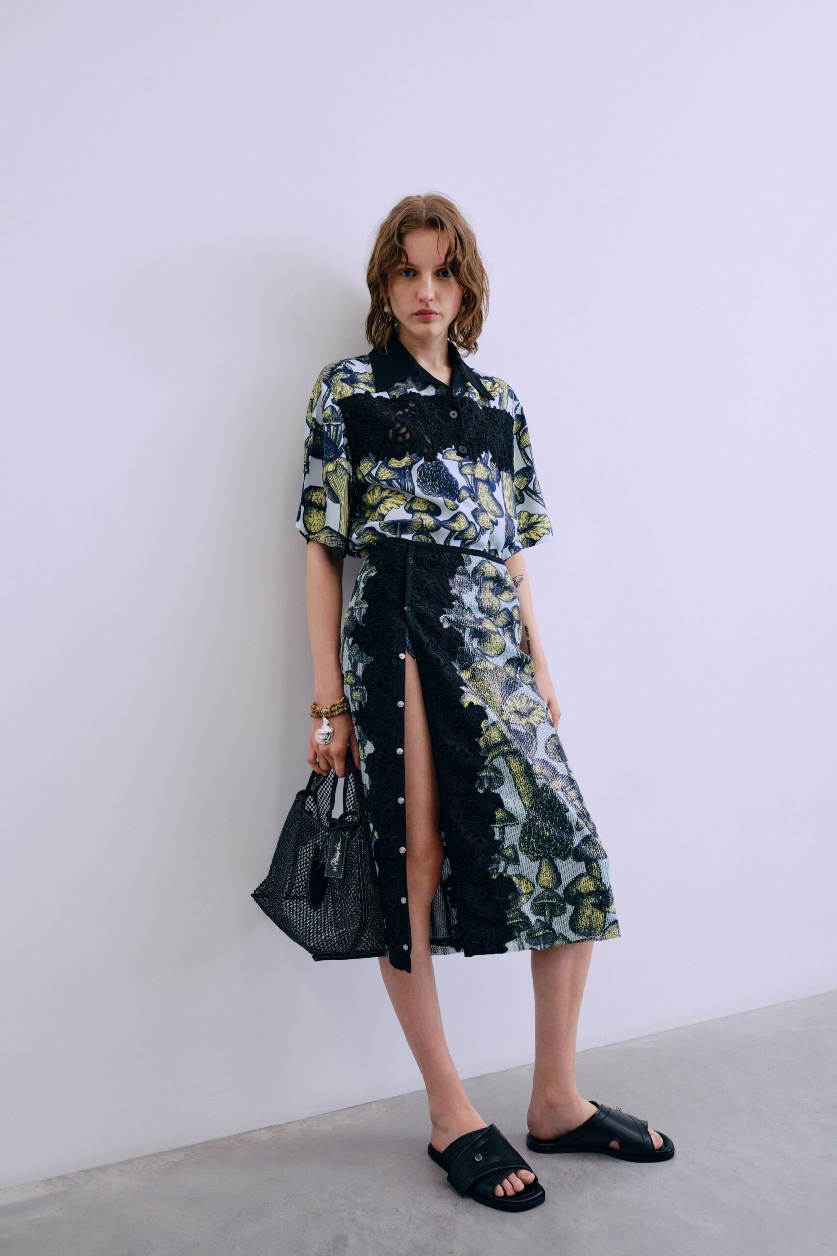 black lace slit fitted high-waisted tiered midi skirt