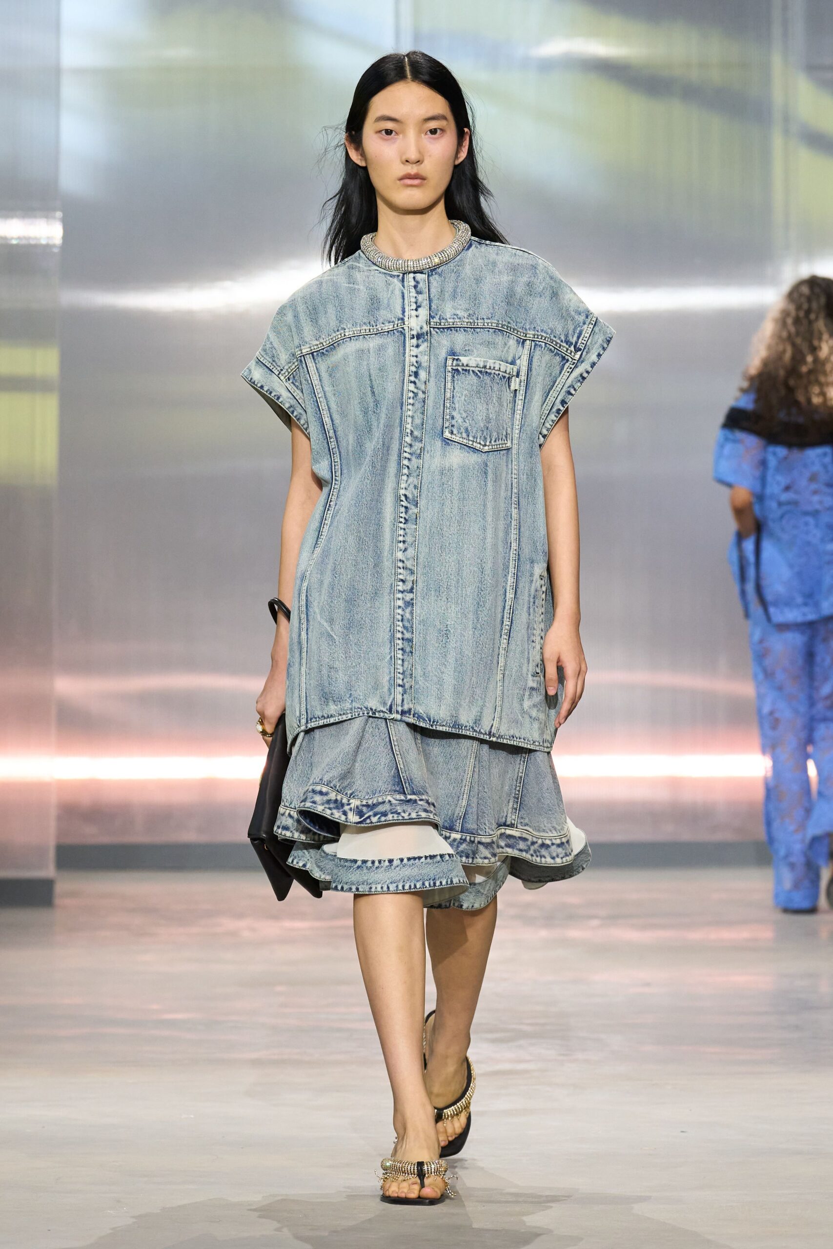 blue denim short-sleeve collared relaxed pleated pockets dress