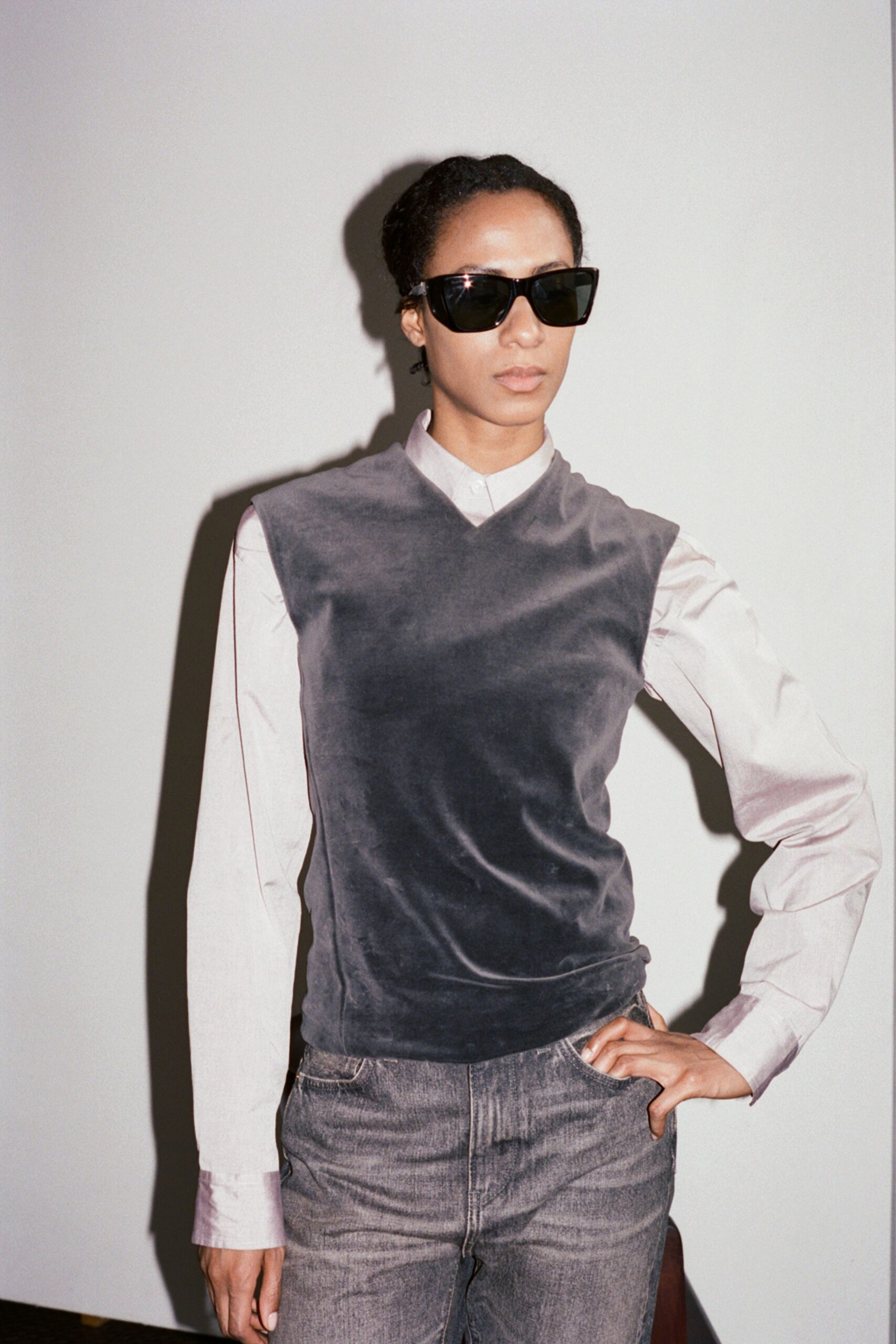 gray velvet top with white shirt