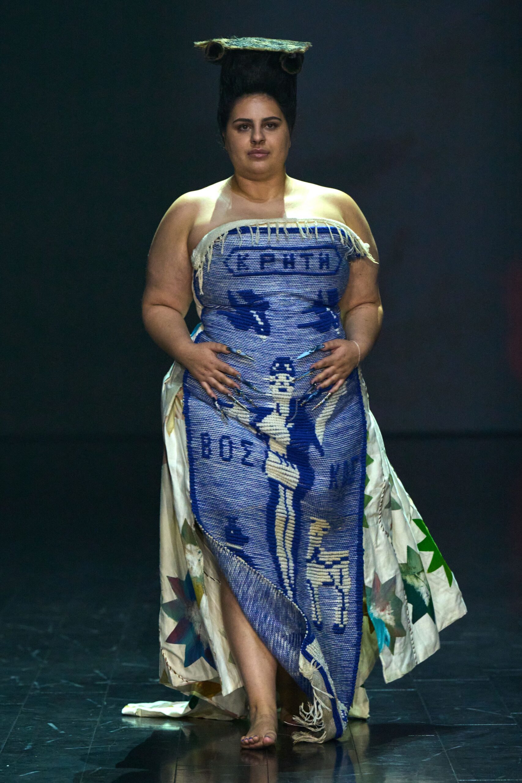 blue and white embroidered gown