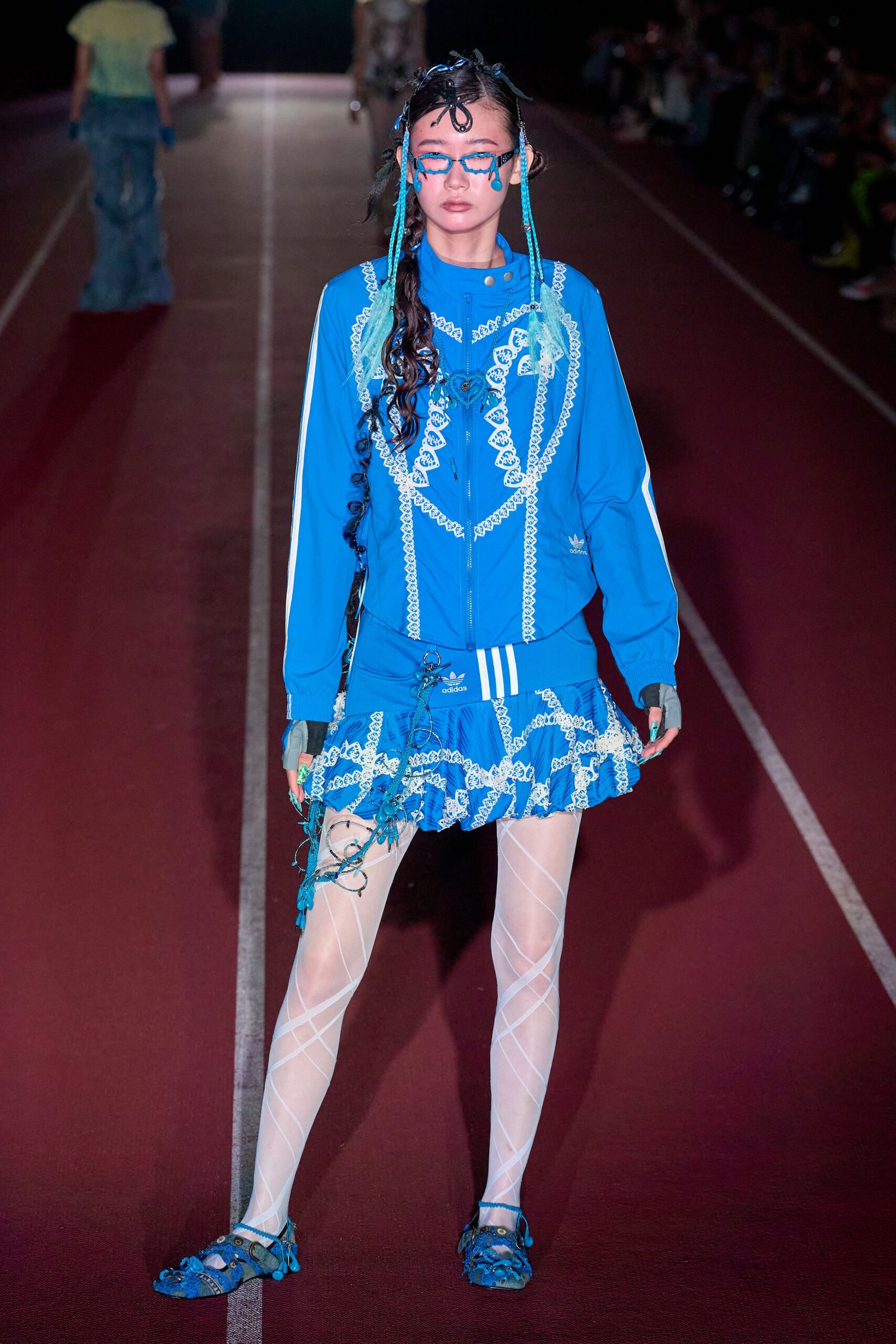 blue cotton long-sleeve collared fitted embroidered top