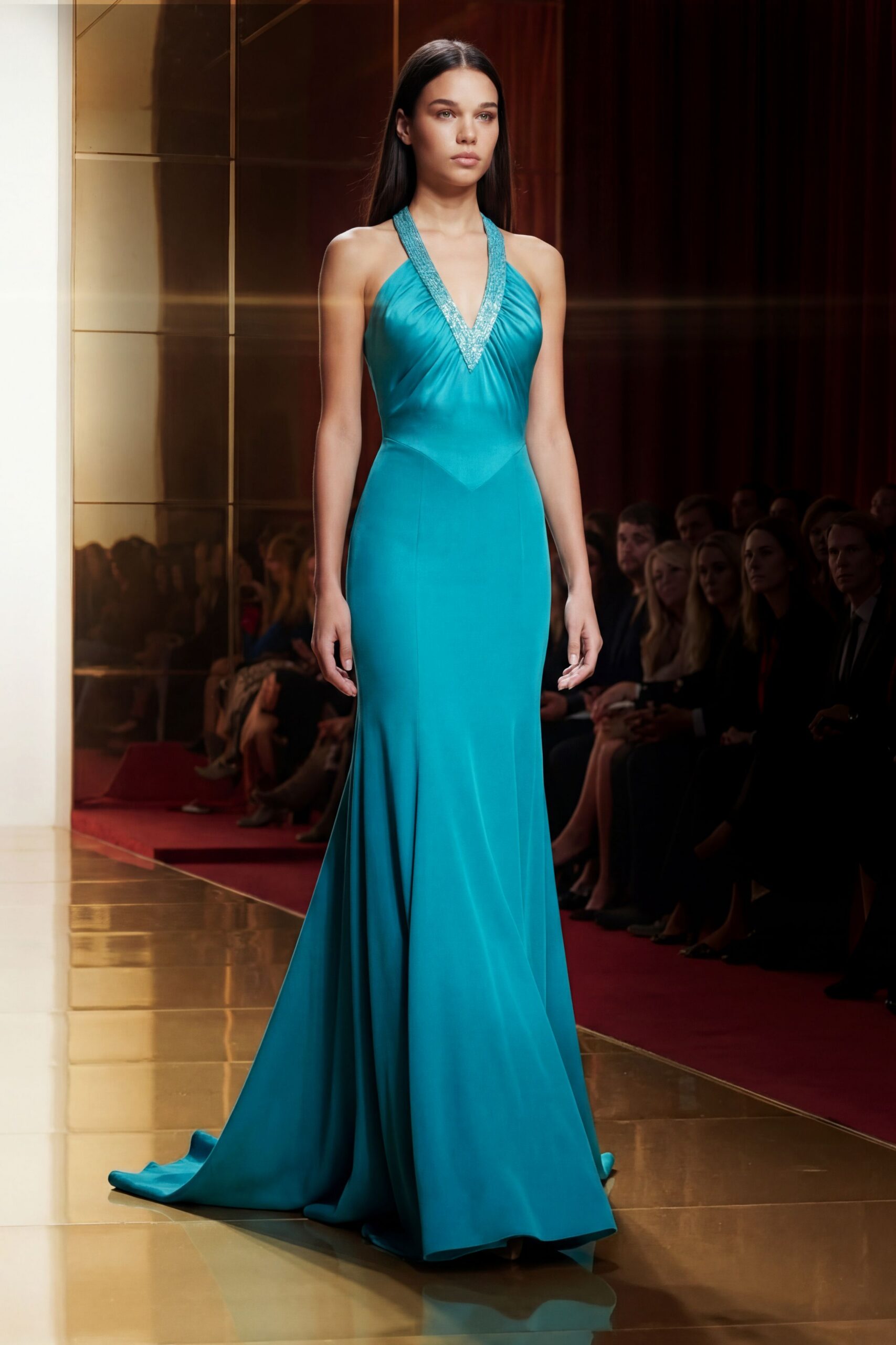 teal silk sleeveless gown