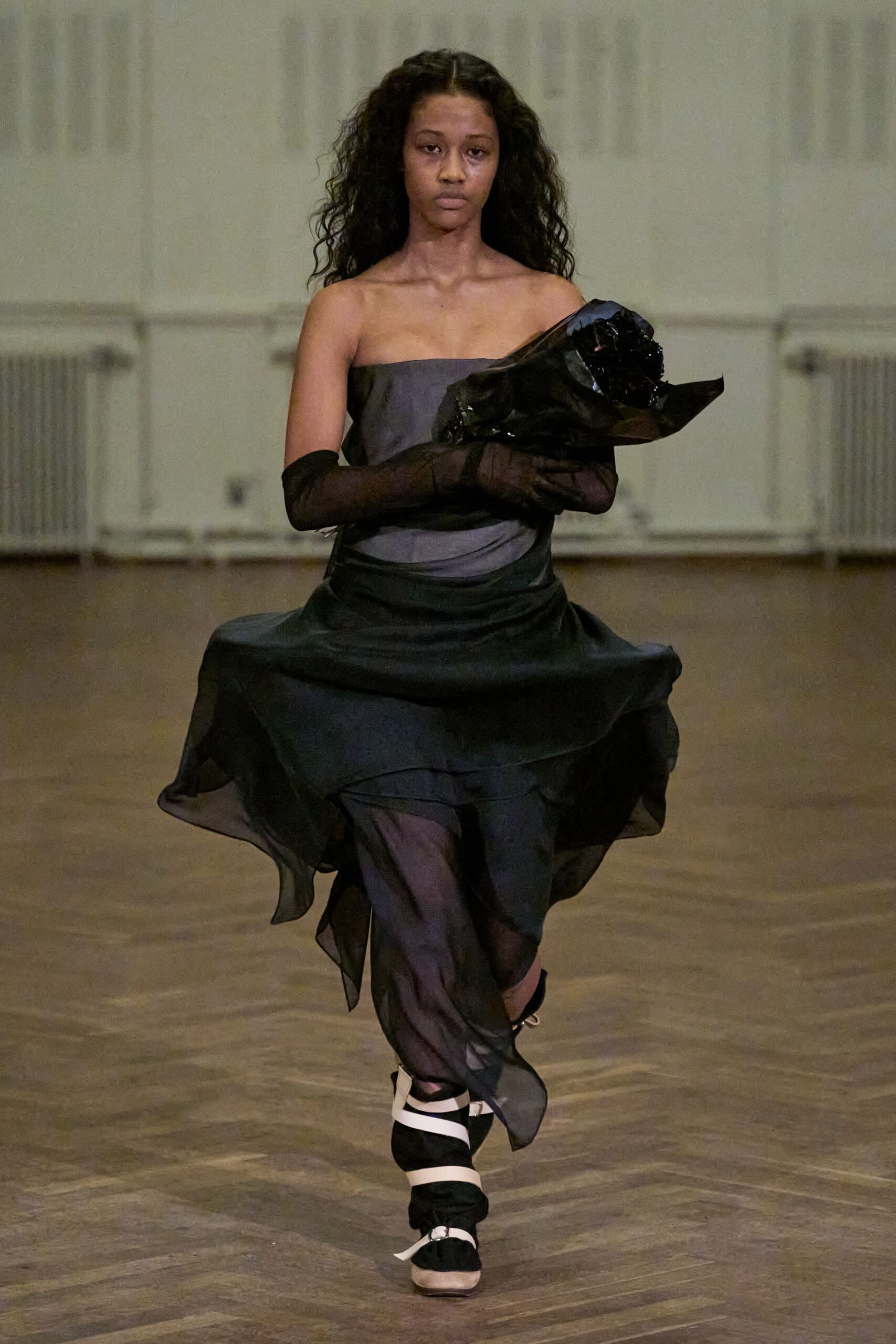 black silk strapless fitted layered flowing sheer dress