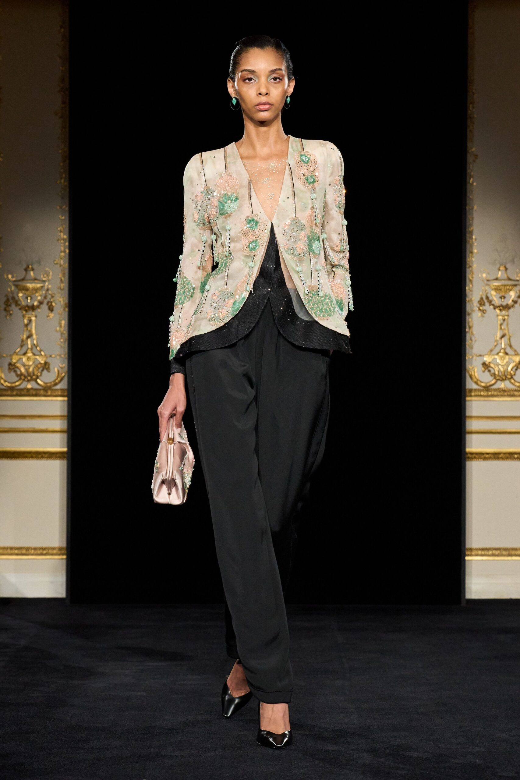 beige silk long-sleeve collared tailored embroidered buttoned blazer