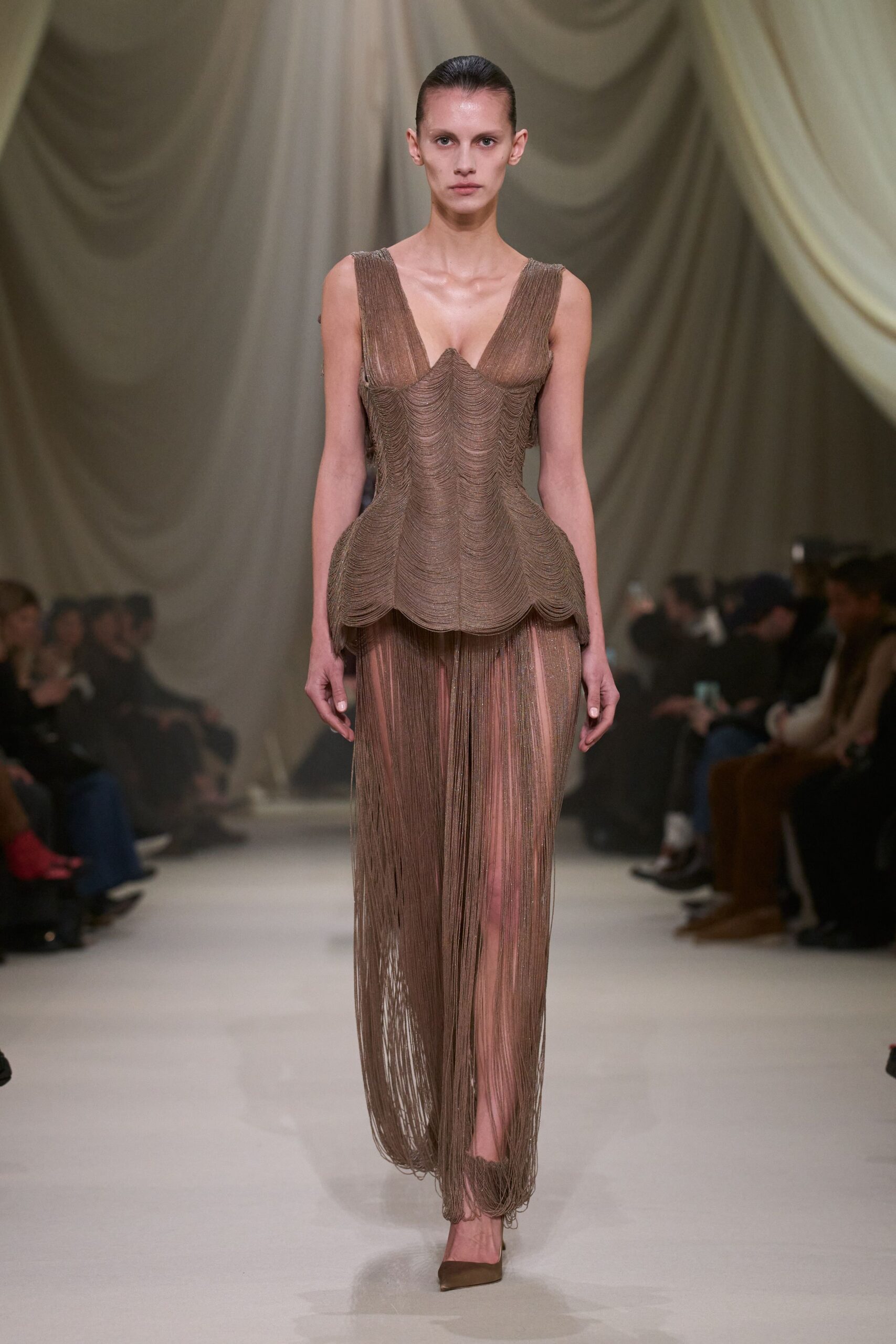 brown silk fringed gown with heels