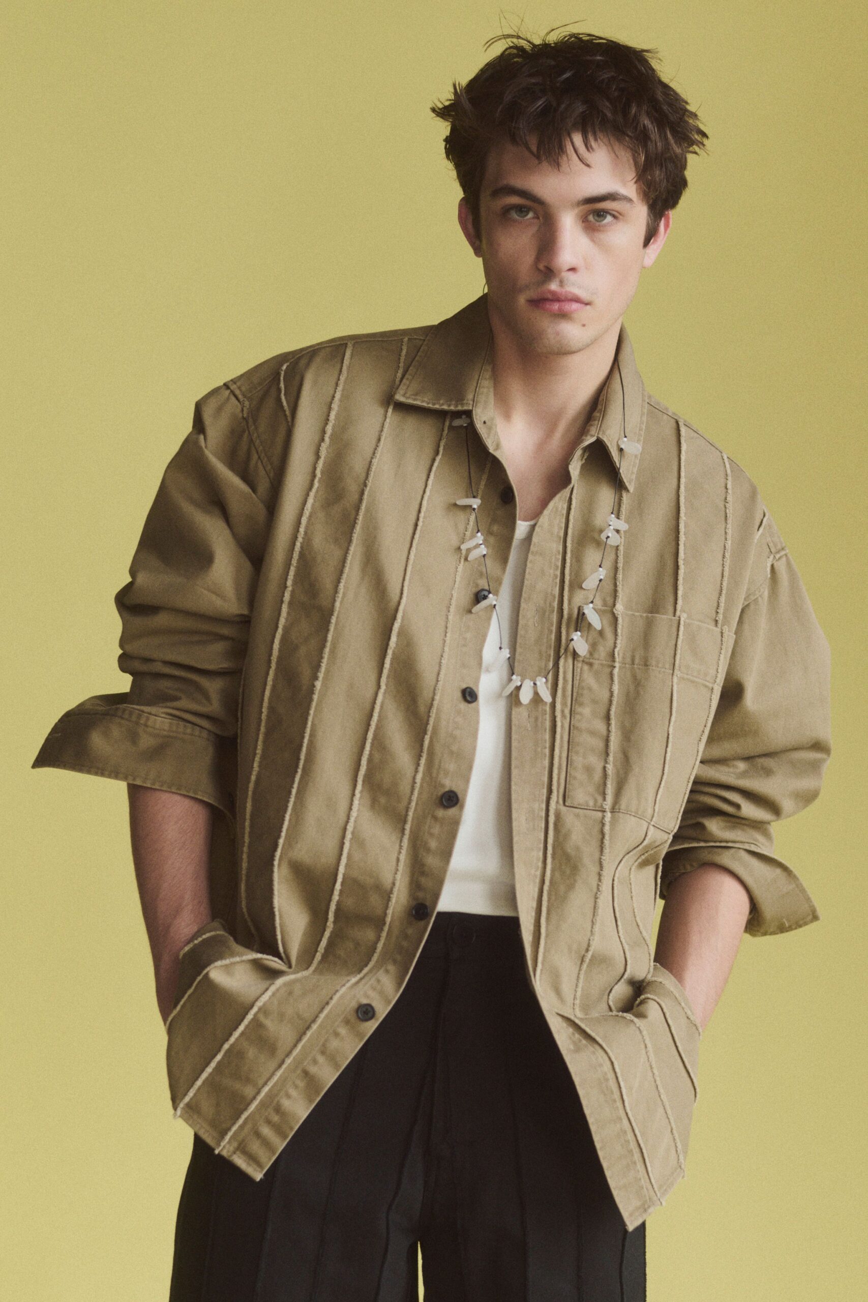 beige cotton long-sleeve collared relaxed striped buttoned shirt