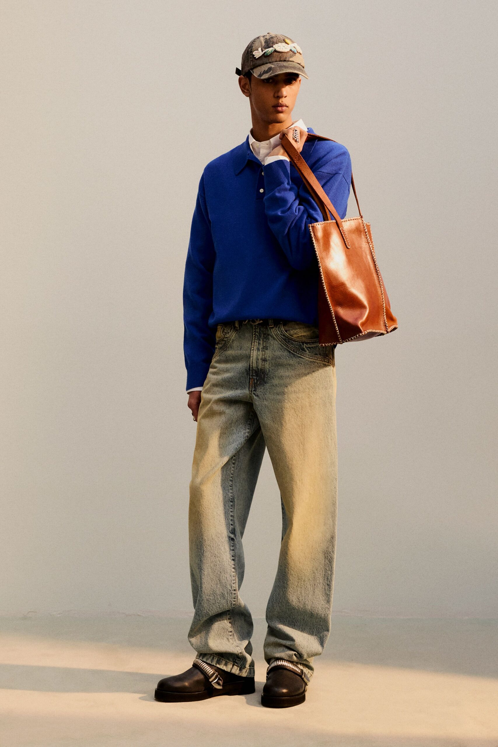 blue cotton shirt with denim pants