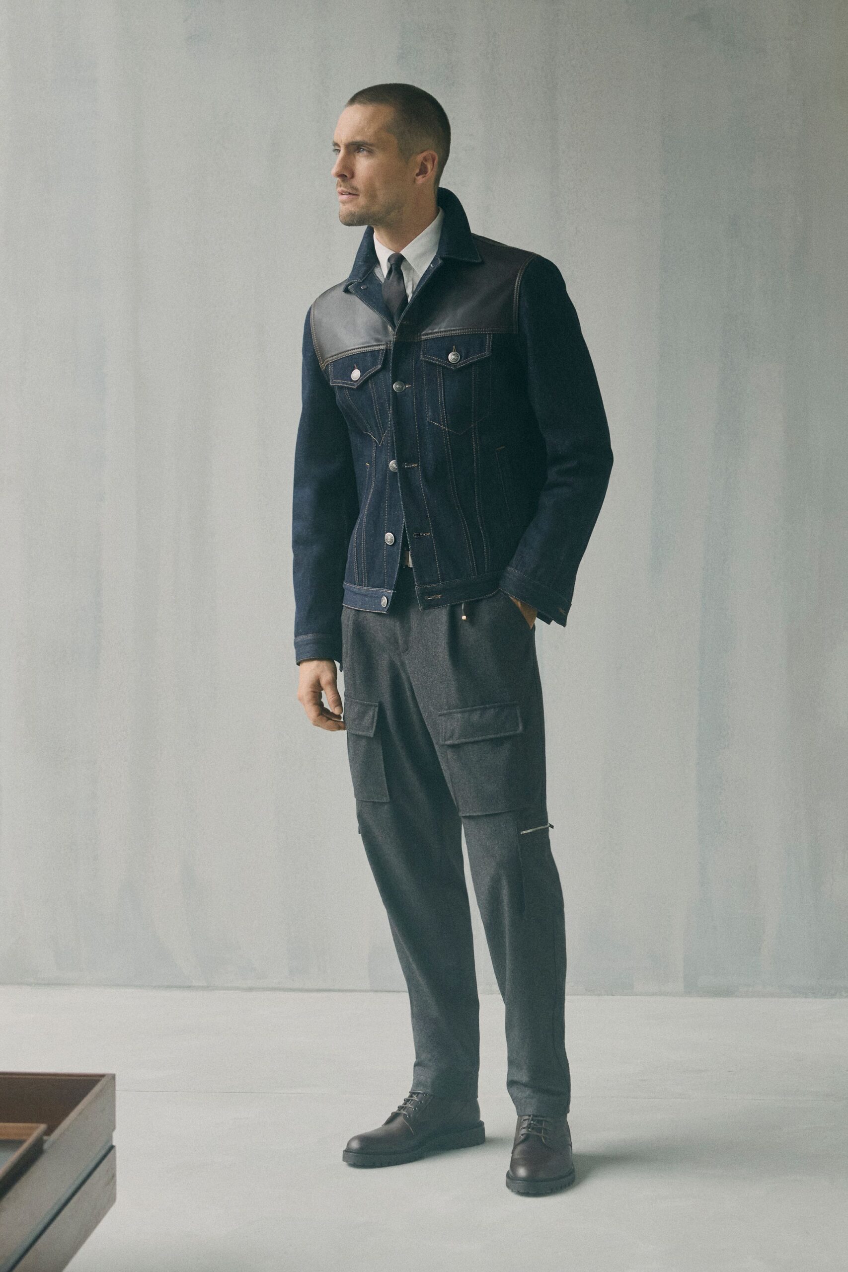 blue denim long-sleeve collared structured buttoned jacket
