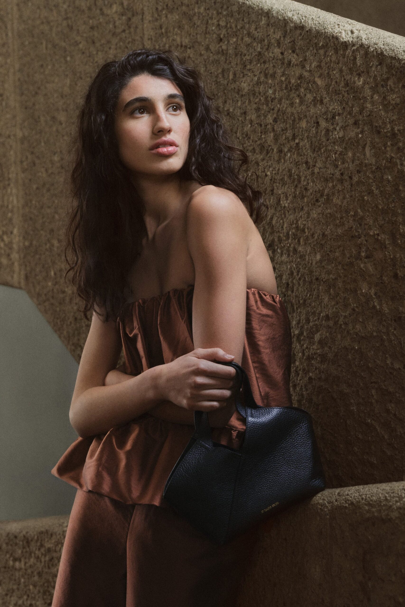 brown silk sleeveless off-shoulder fitted ruffled top