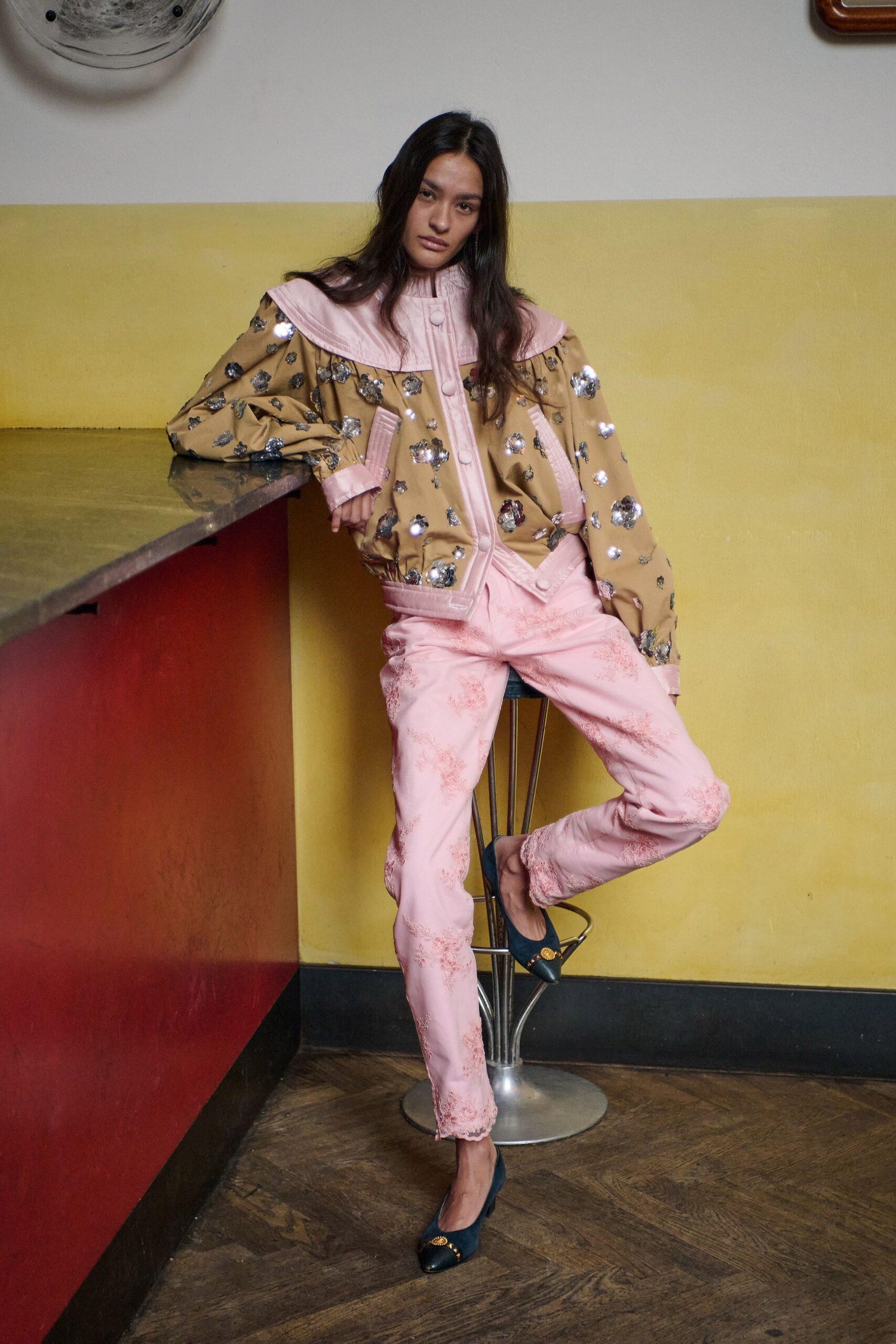 pink cotton fitted embroidered pants