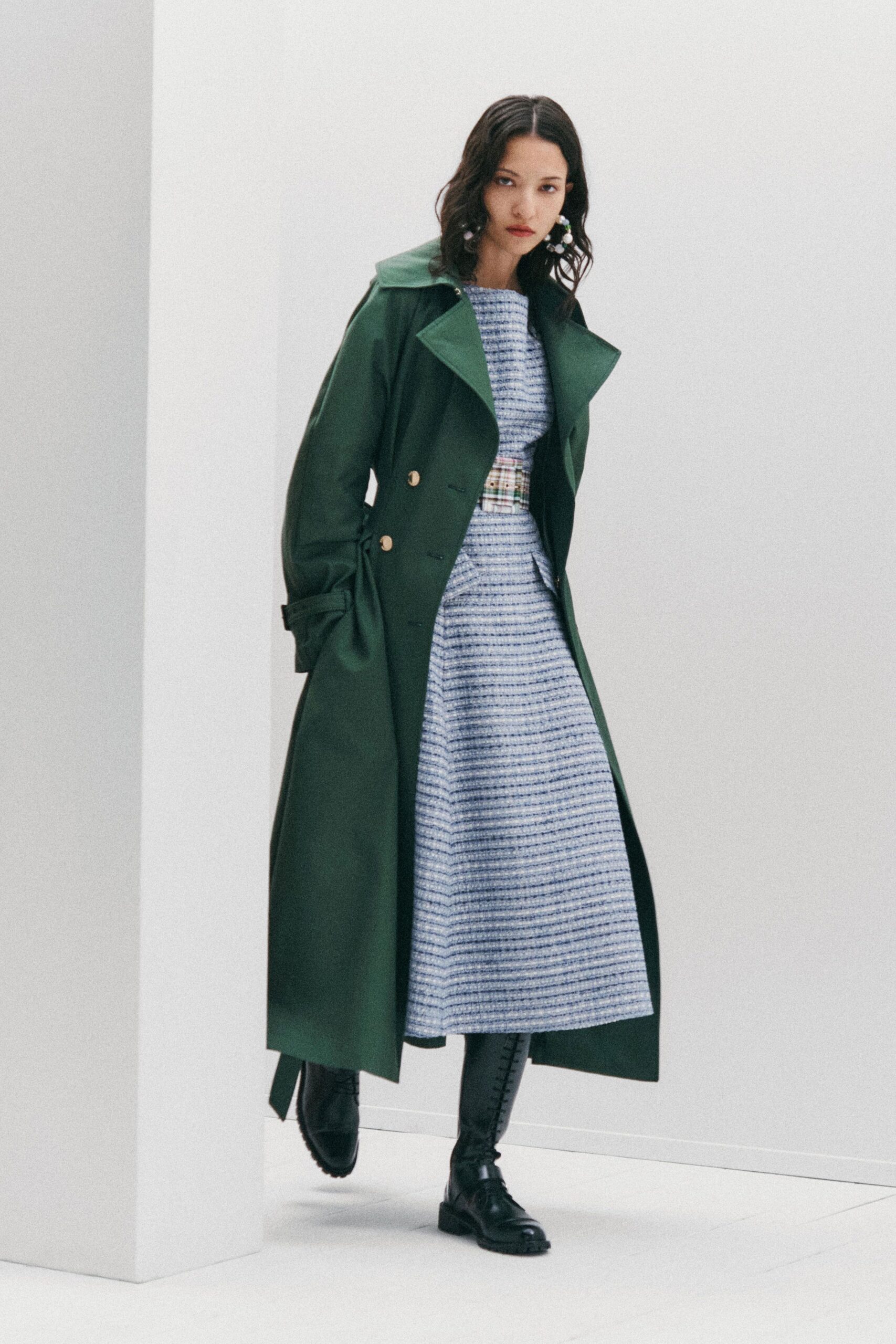 blue cotton sleeveless v-neck fitted pleated midi dress