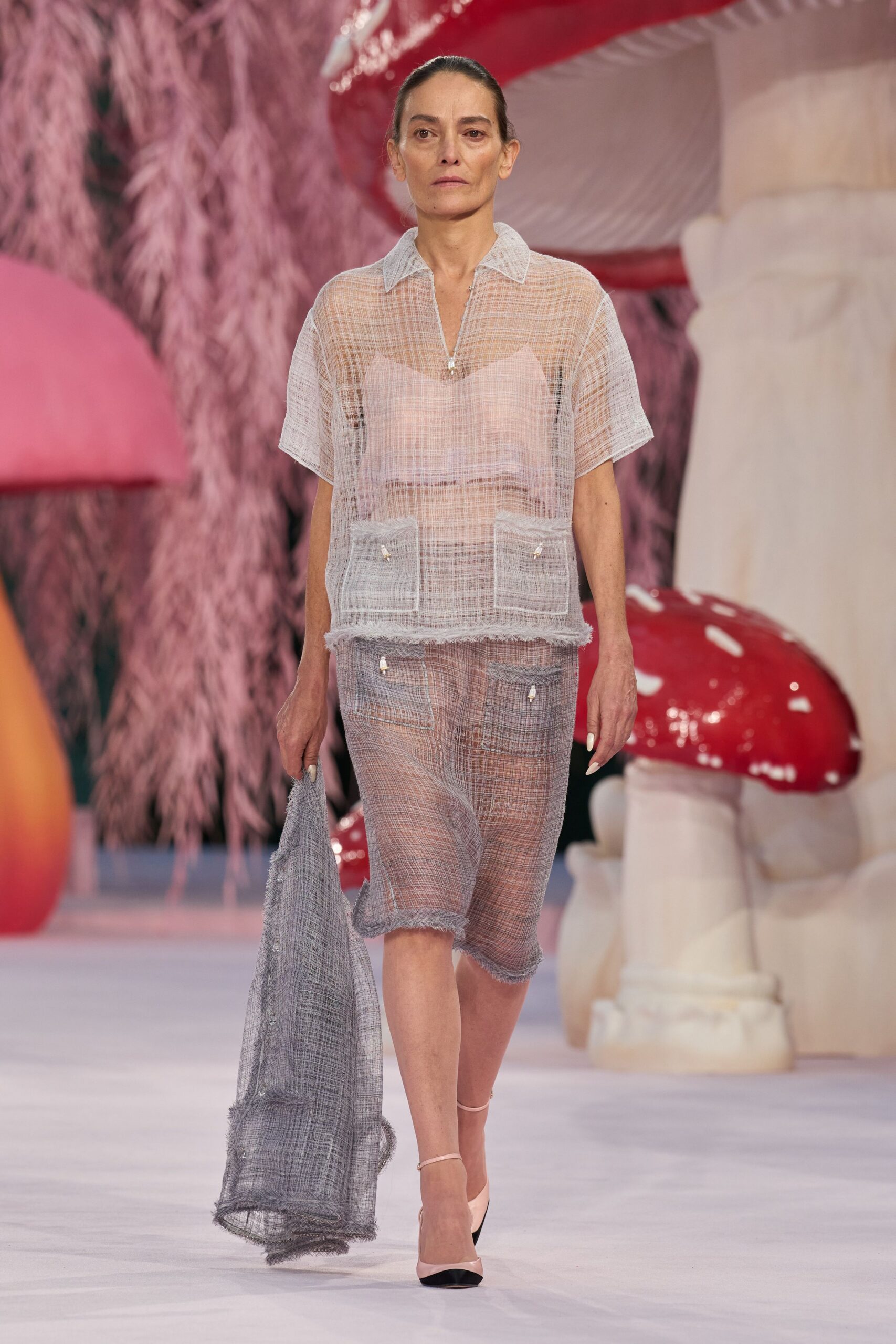 gray mesh short-sleeve collared relaxed buttoned sheer top