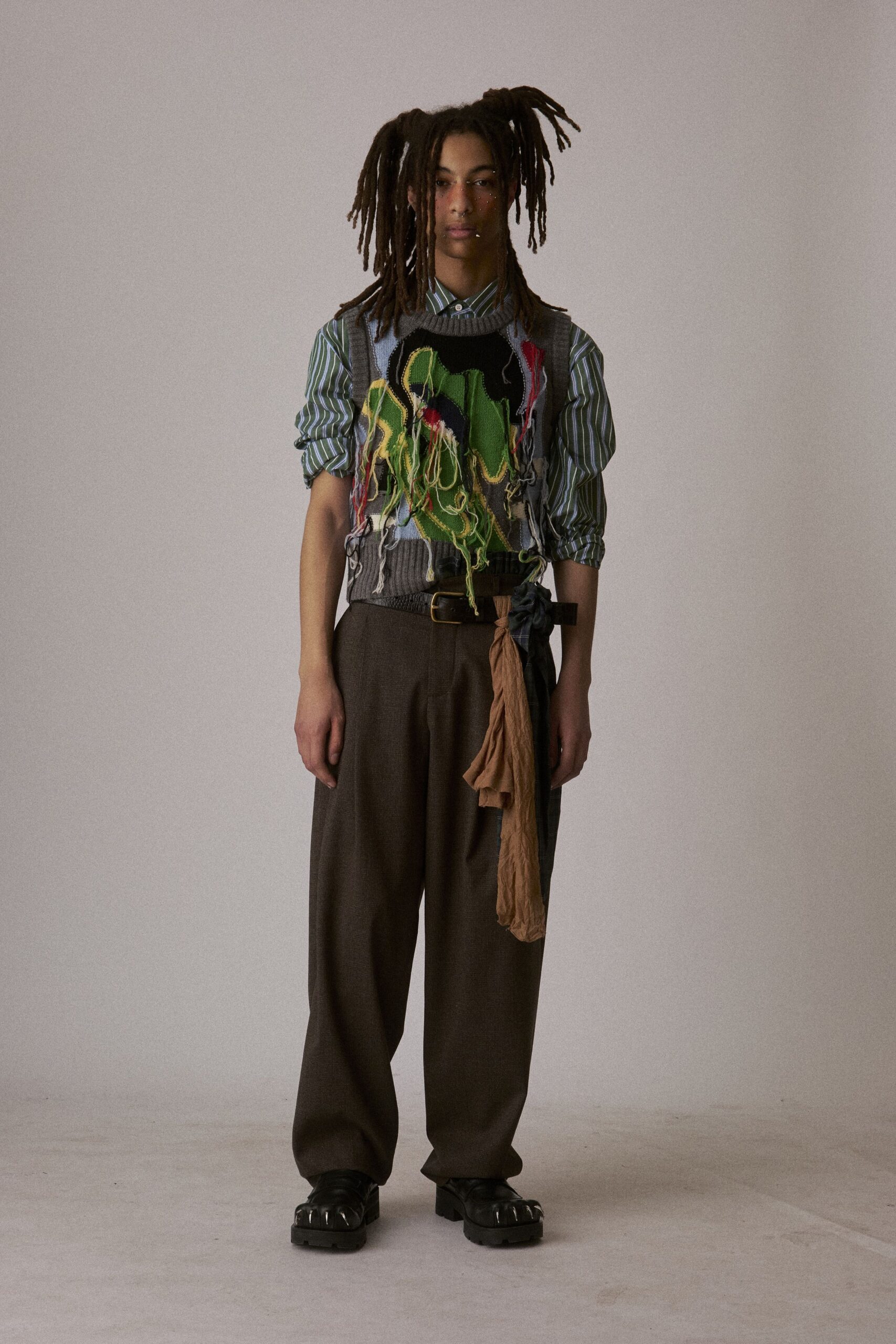 relaxed green striped shirt with vest