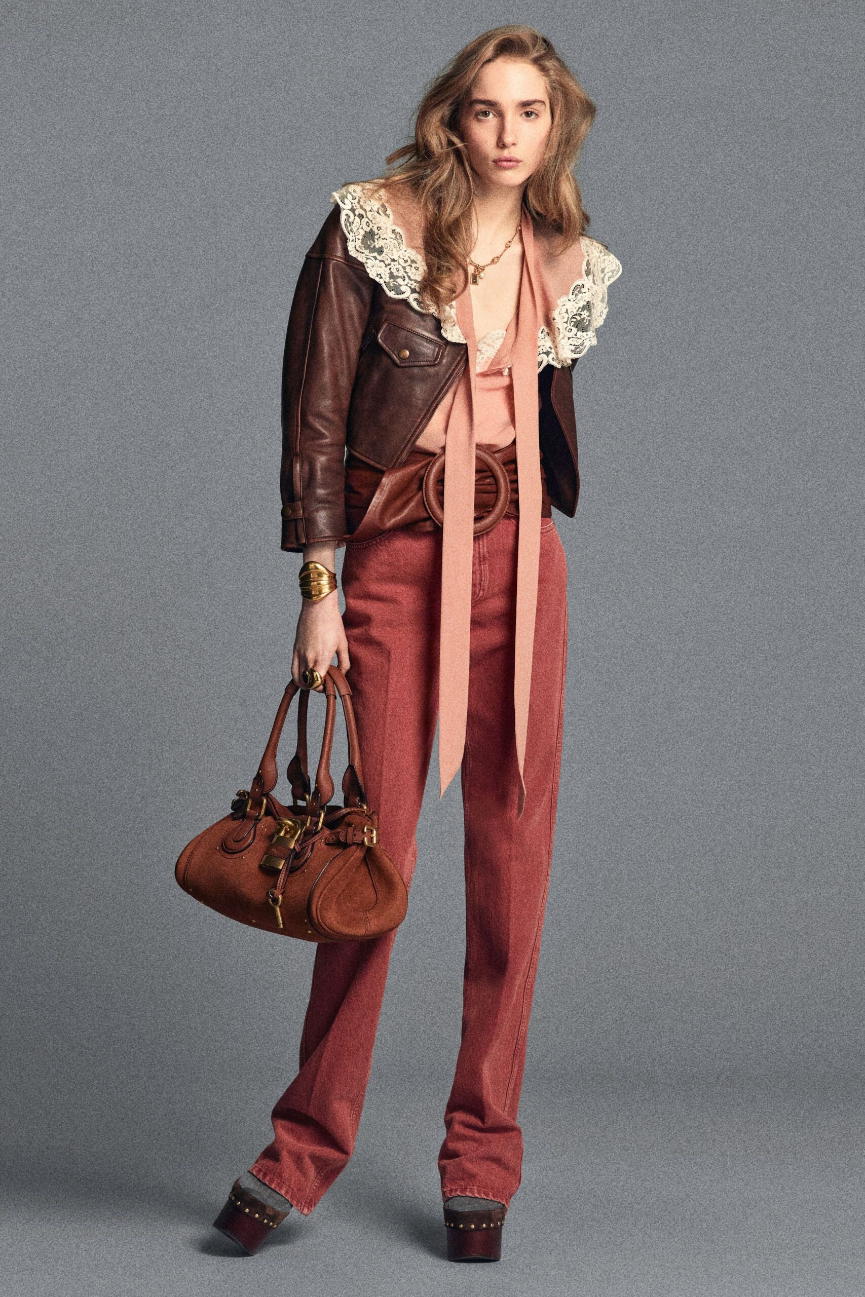 brown leather short-sleeve collared fitted pleated jacket