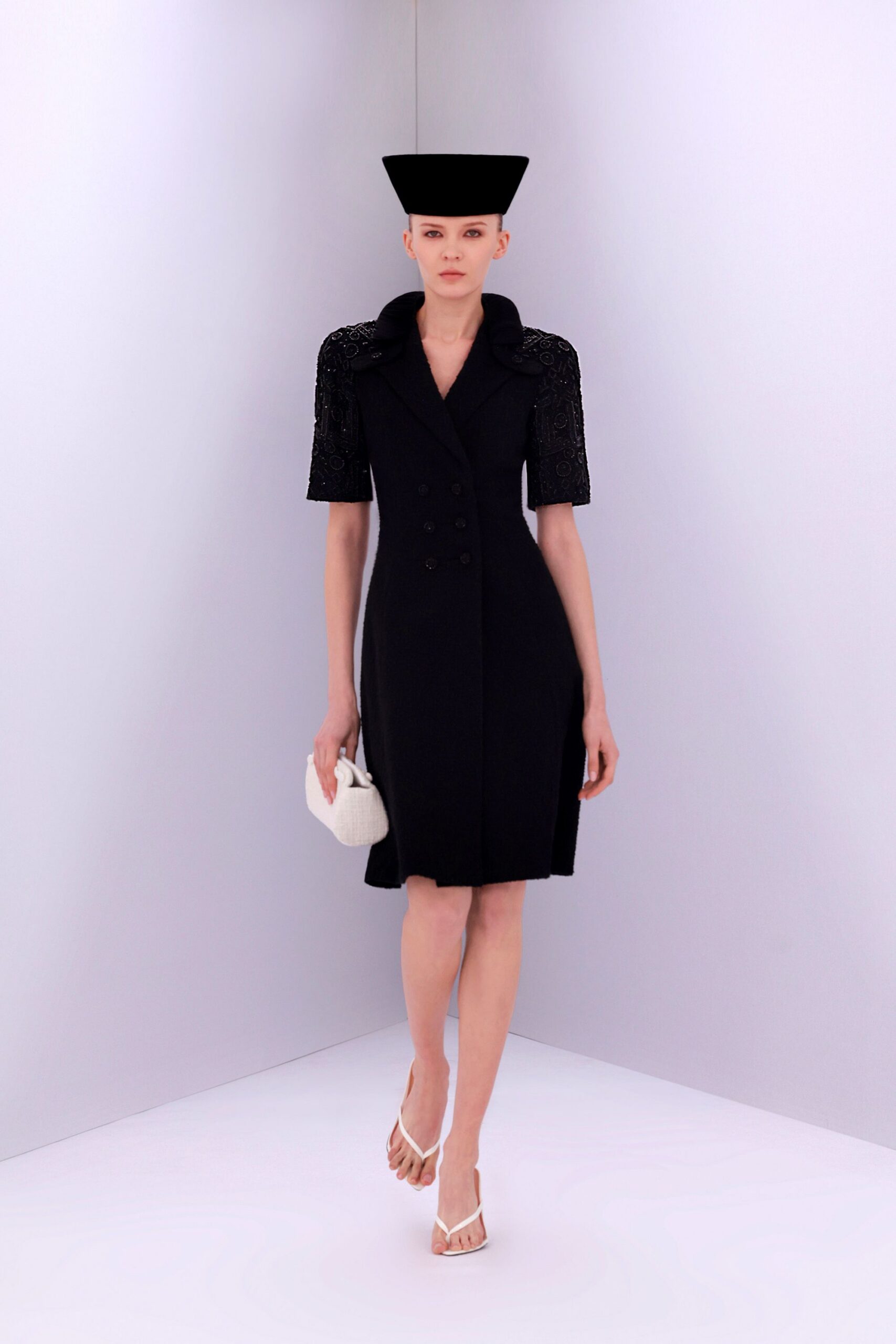 black cotton short-sleeve collared fitted embroidered short dress