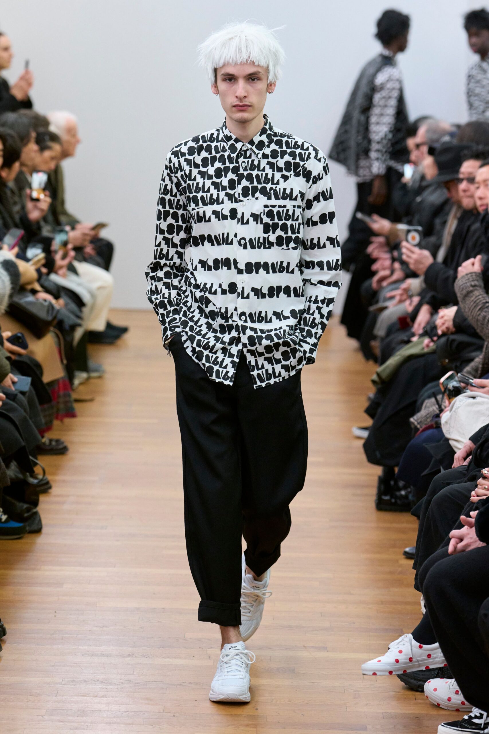 black and white printed shirt with relaxed pants