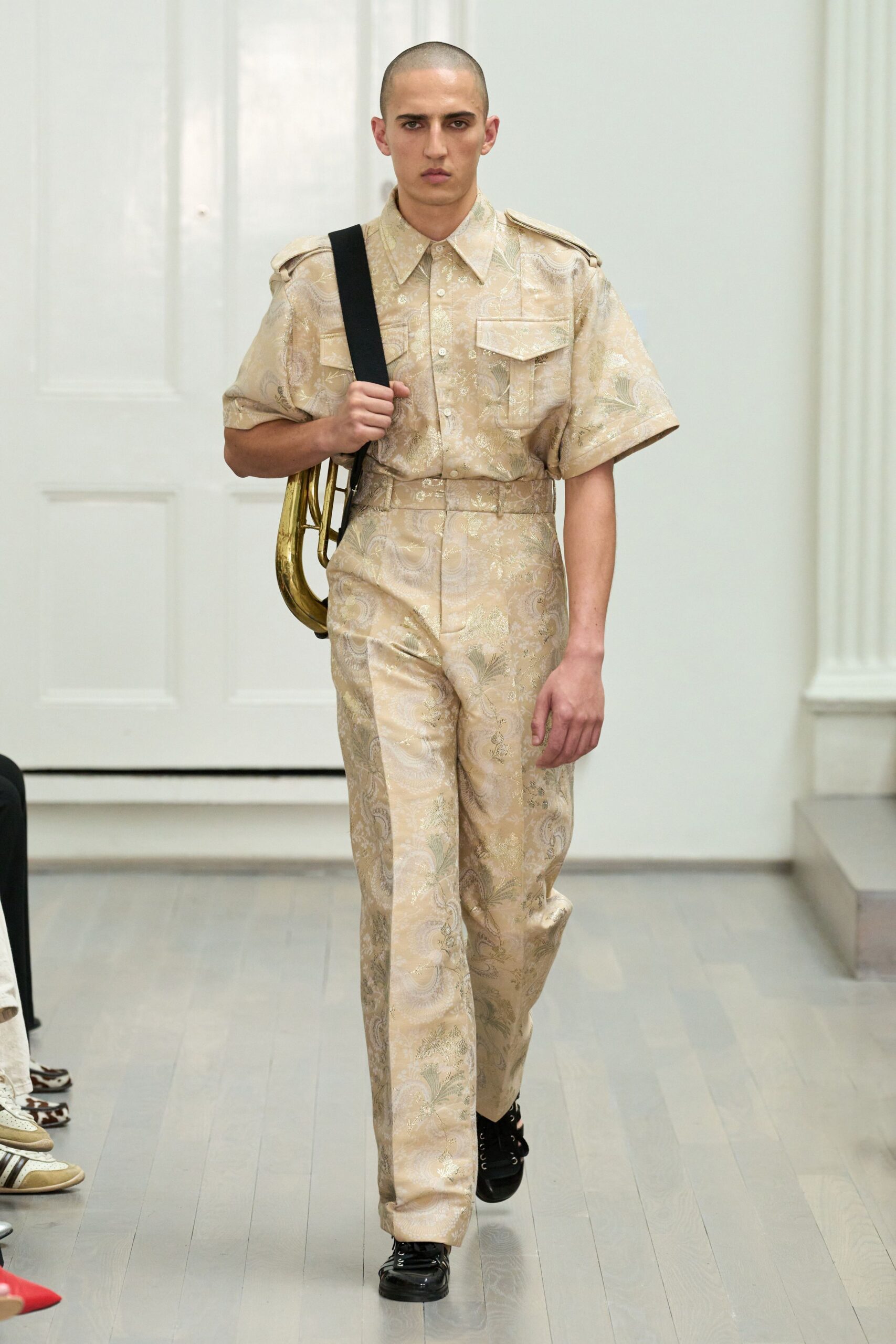 beige cotton tailored high-waisted straight-leg printed pants