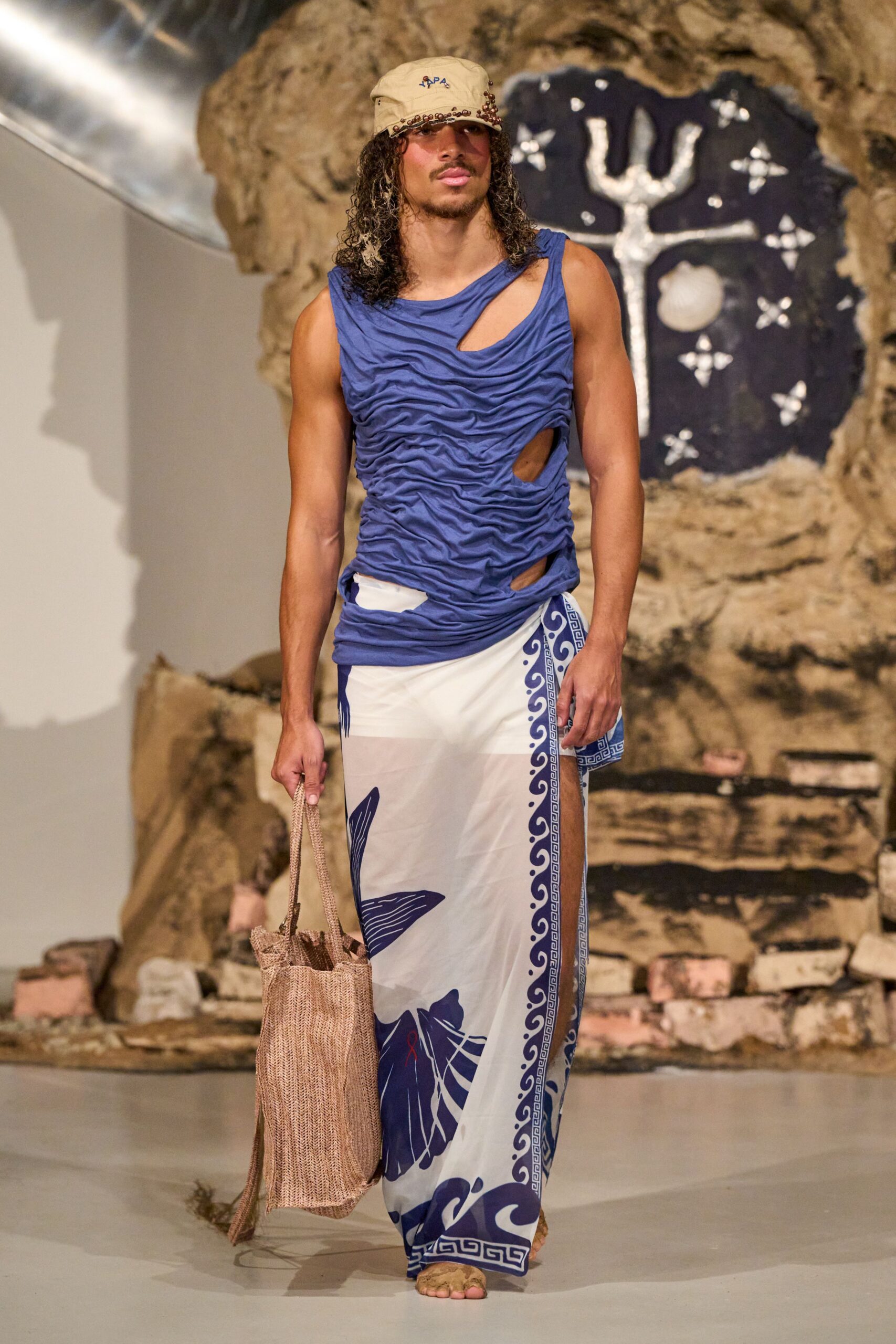 blue ruched top and printed skirt