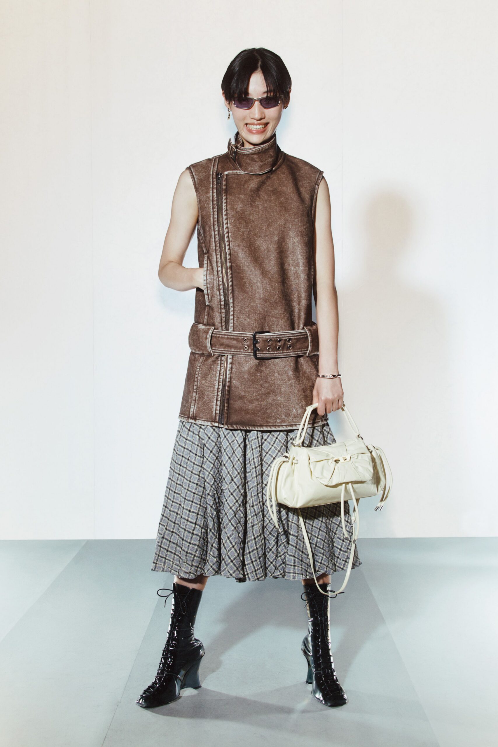 brown leather sleeveless high-neck fitted belted midi dress