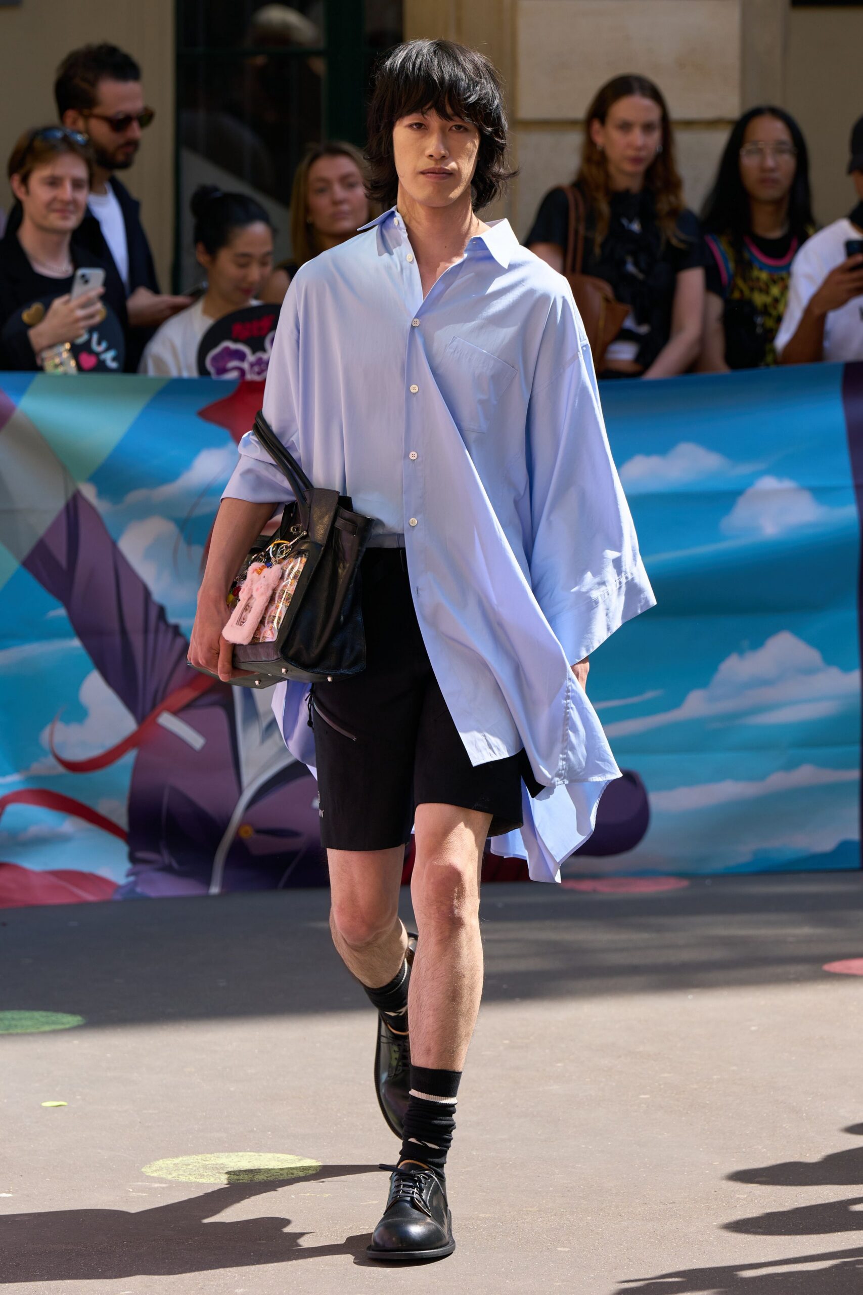 blue oversized shirt black shorts