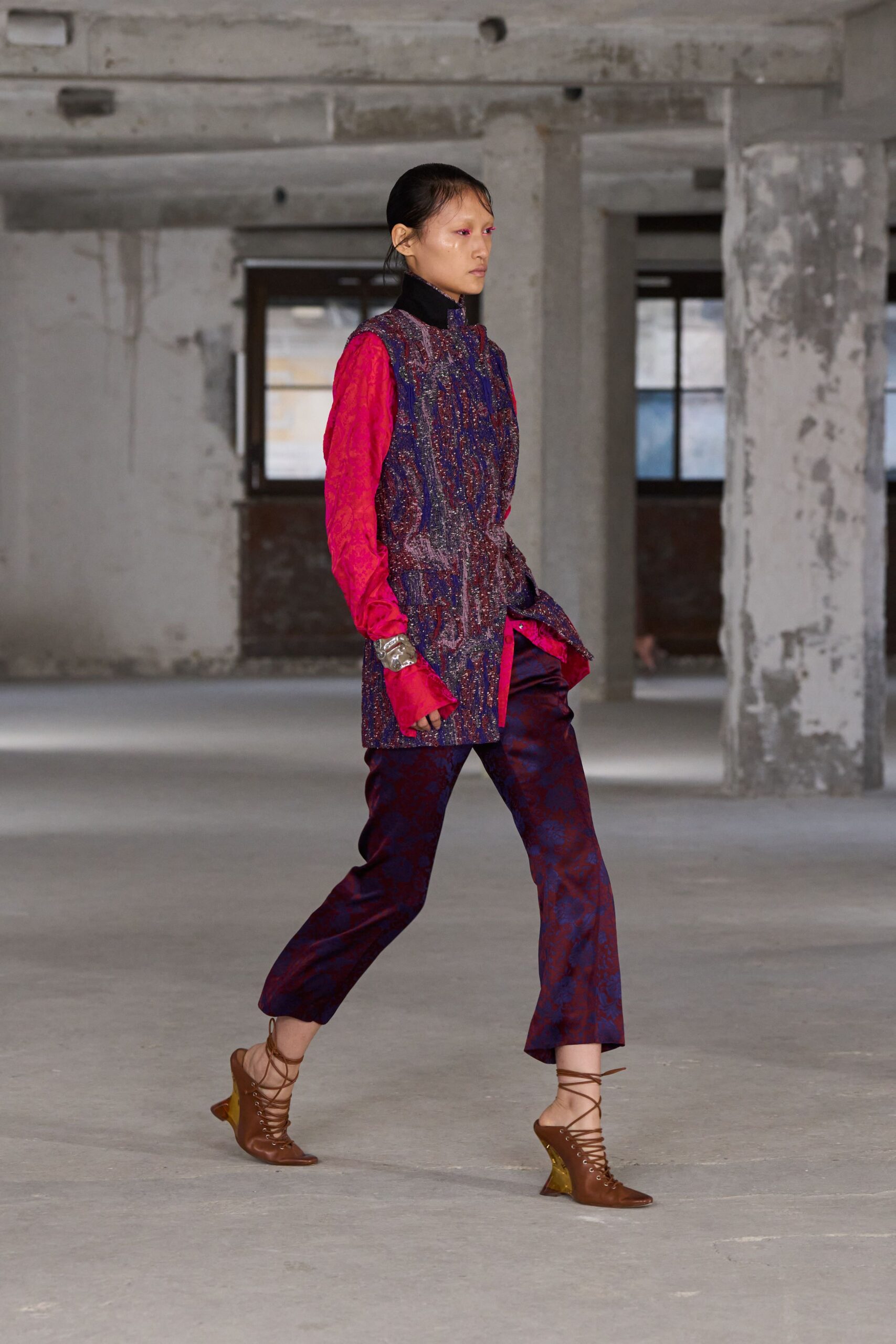 purple silk long-sleeve collared fitted embroidered top