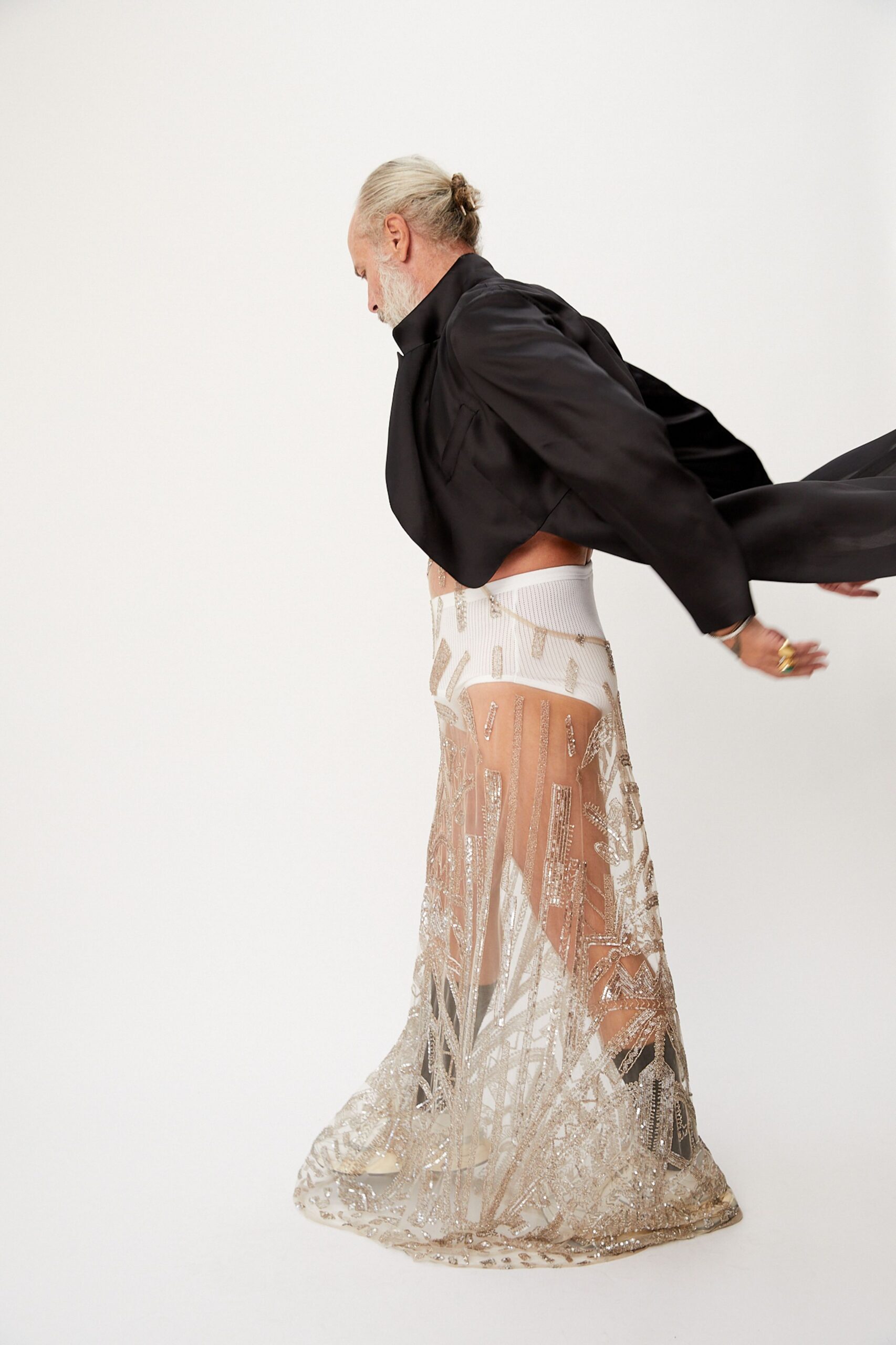 black silk long-sleeve collared relaxed draped coat