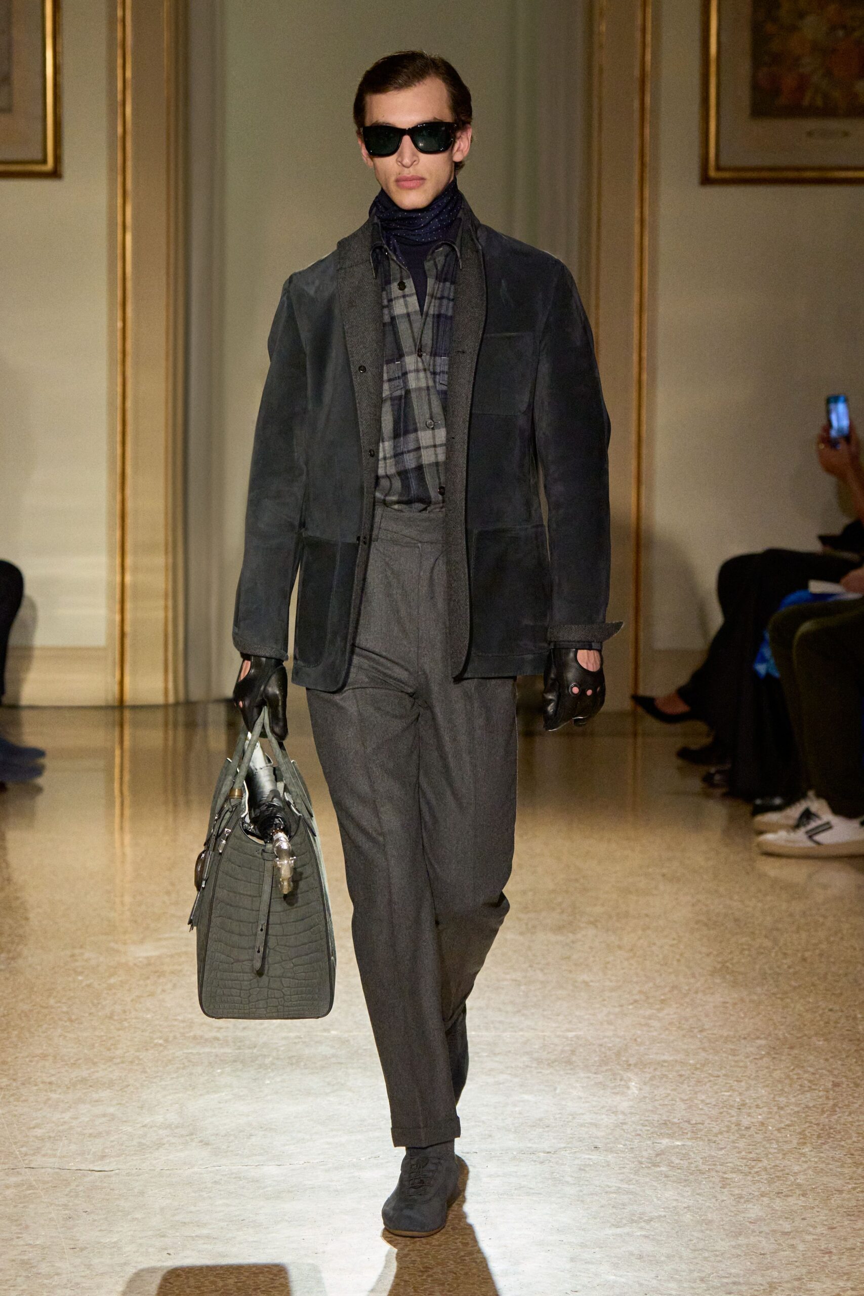 gray suede jacket with tailored pants